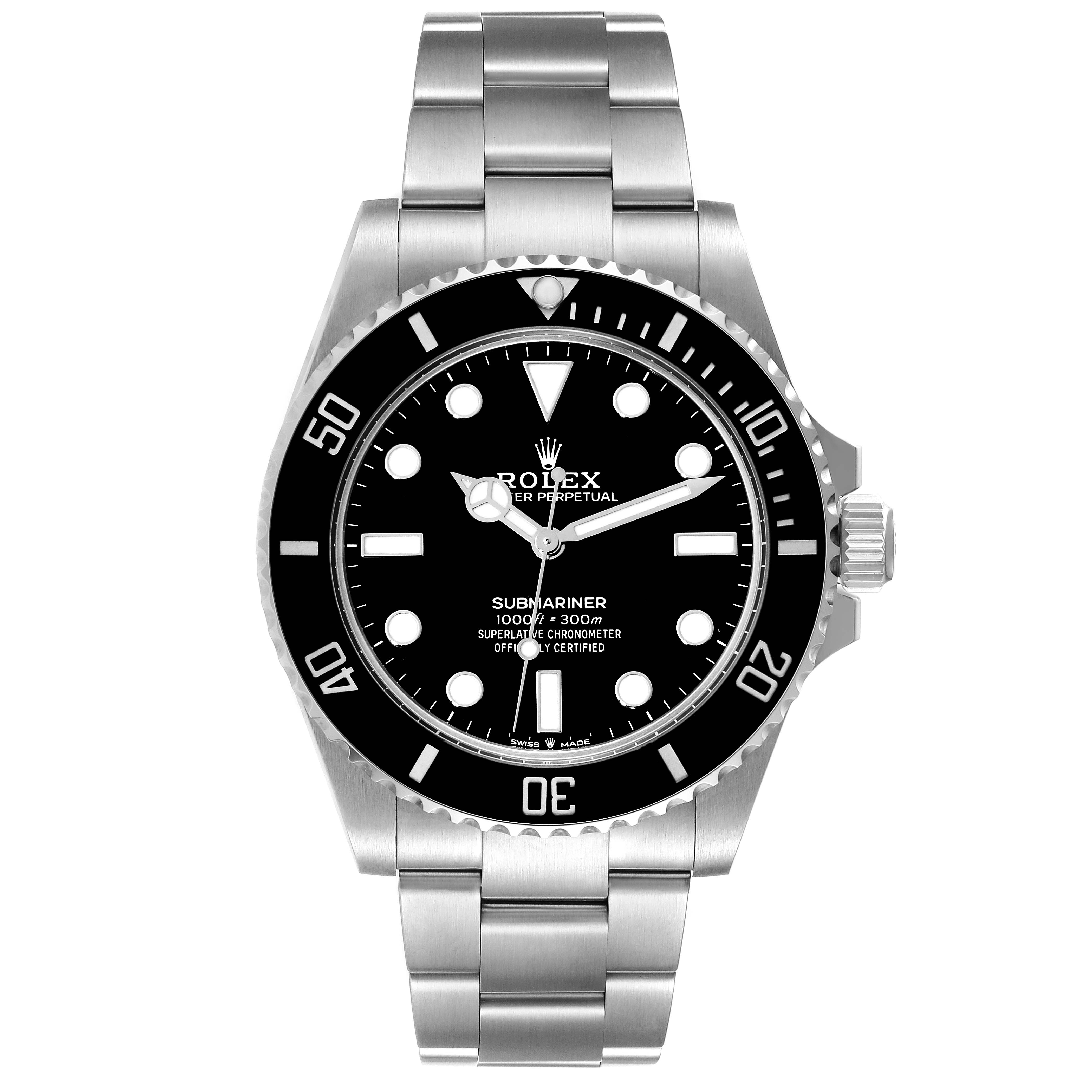 This image shows a front view of the Rolex Submariner 124060 Men
s Stainless Steel Black Dial 124060 Men
s Stainless Steel Black Dial watch, highlighting its dial, bezel, and bracelet.