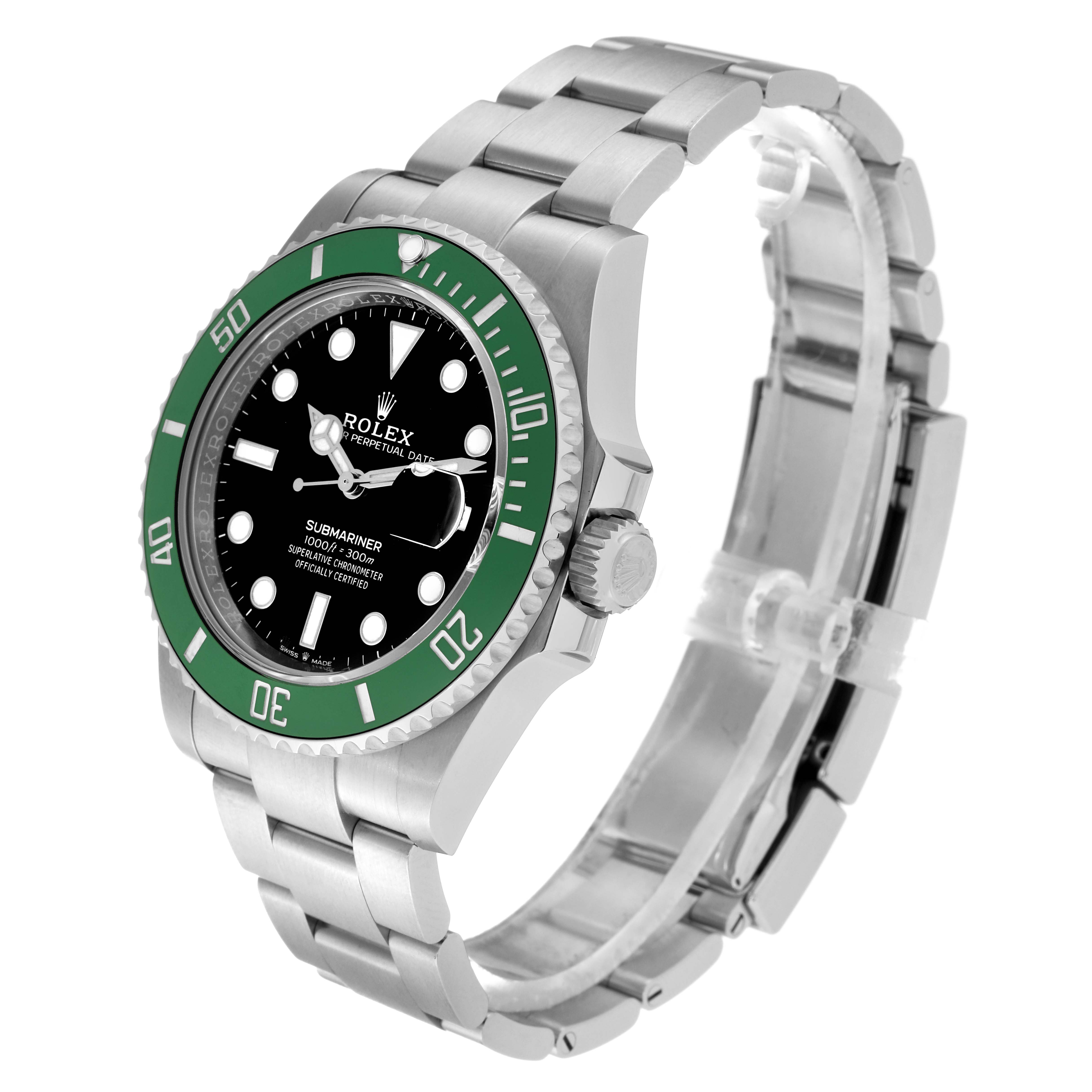 This image shows a Rolex Submariner 126610LV Men's Stainless Steel Black Dial 126610LV Men's Stainless Steel Black Dial watch at a three-quarter angle, highlighting the dial, bezel, crown, and bracelet.