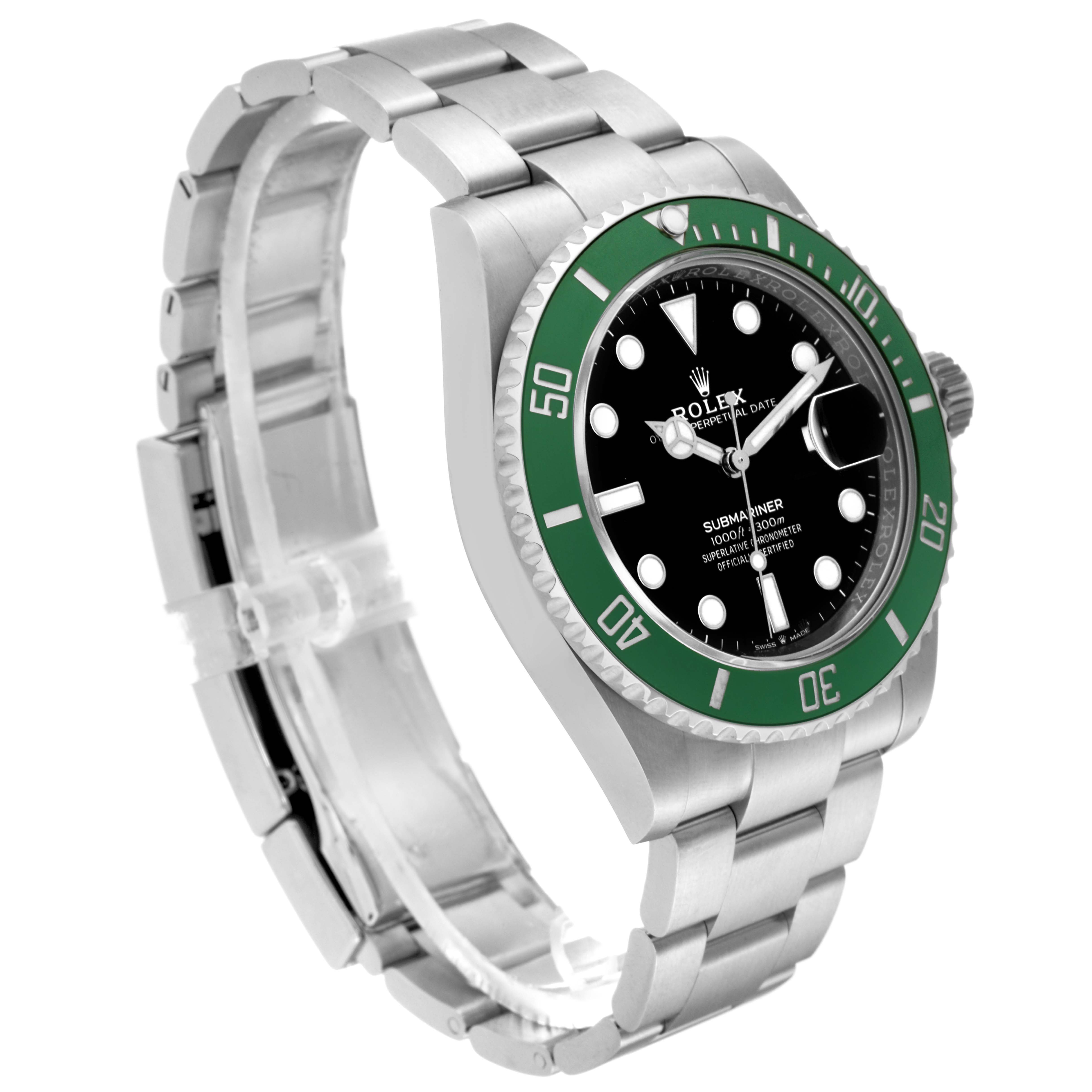 The image shows a Rolex Submariner 126610LV Men's Stainless Steel Black Dial 126610LV Men's Stainless Steel Black Dial watch at a three-quarter angle, highlighting the face, bezel, and stainless steel bracelet.