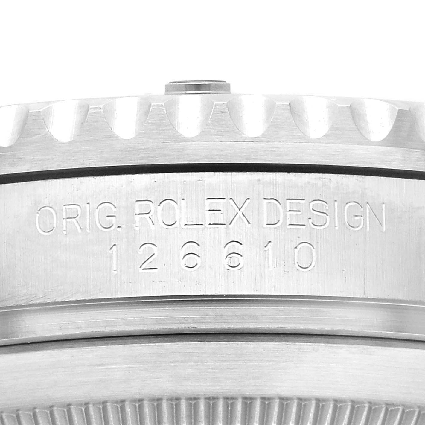 This close-up angle shows the engraved case side of the Rolex Submariner 126610LV Men's Stainless Steel Black Dial 126610LV Men's Stainless Steel Black Dial model 126610.