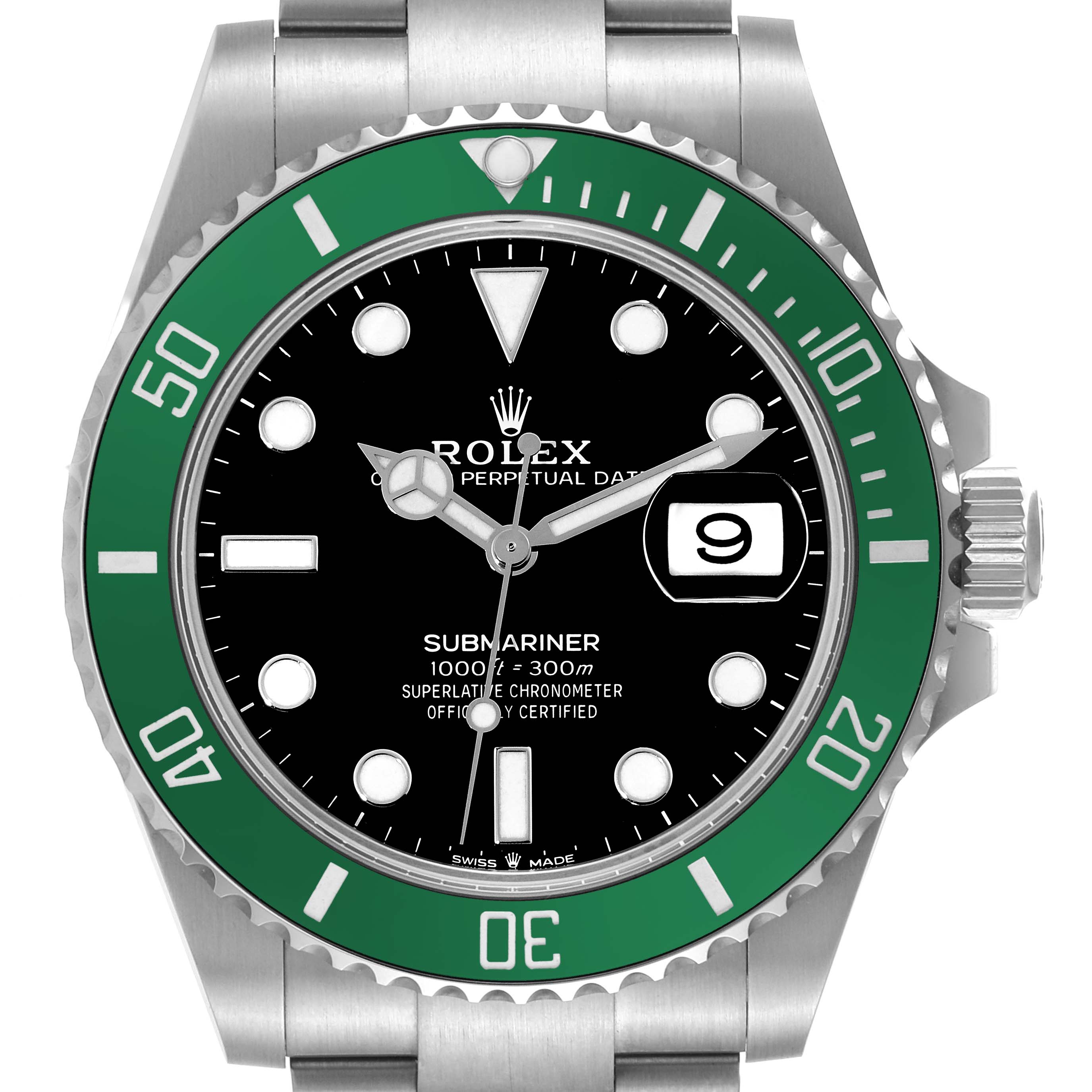 This image shows a front view of the Rolex Submariner 126610LV Men's Stainless Steel Black Dial 126610LV Men's Stainless Steel Black Dial, showcasing its green bezel, black dial, and date display.