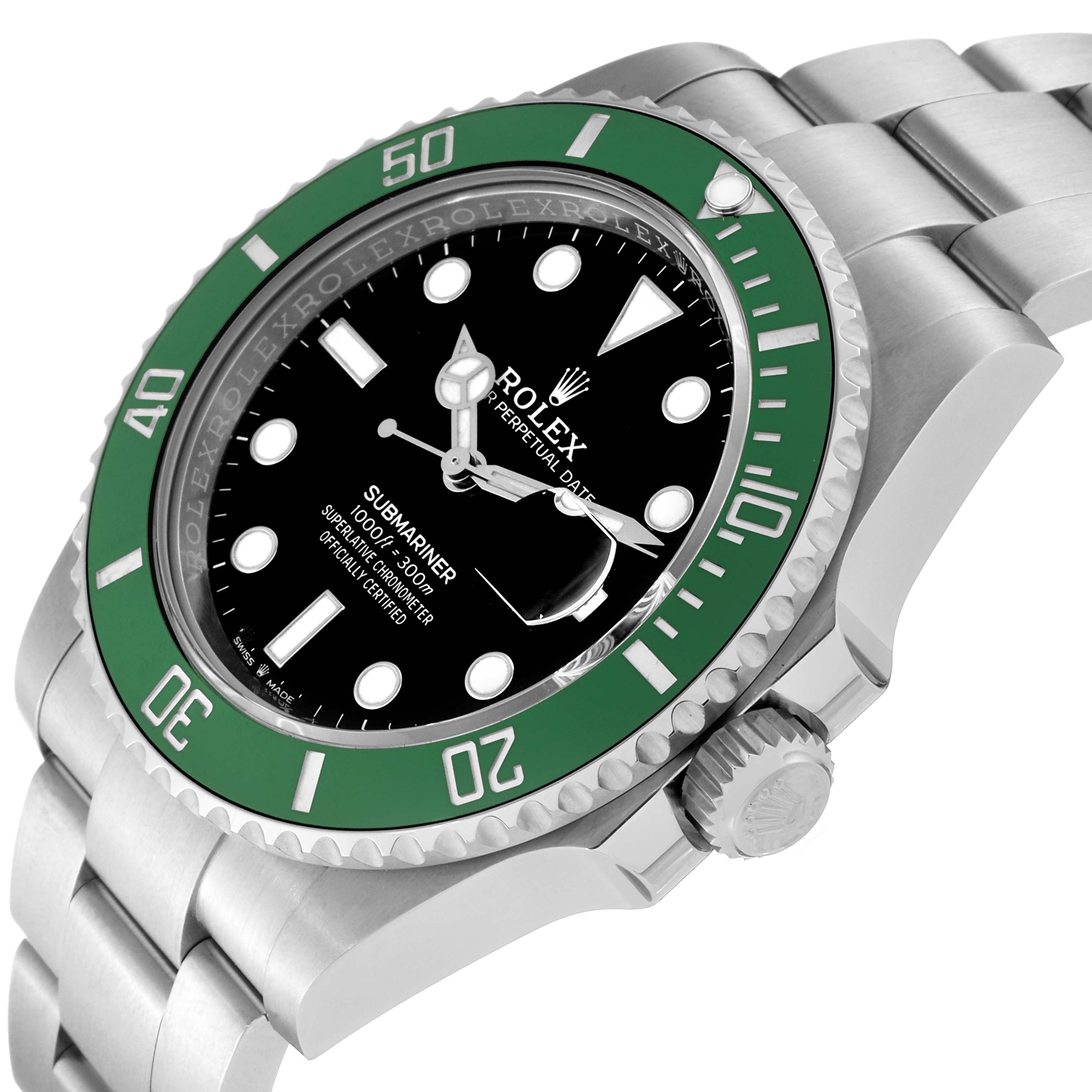 The image of the Rolex Submariner 126610LV Men's Stainless Steel Black Dial 126610LV Men's Stainless Steel Black Dial watch shows a close-up angle highlighting the green bezel, black dial, and stainless steel bracelet.
