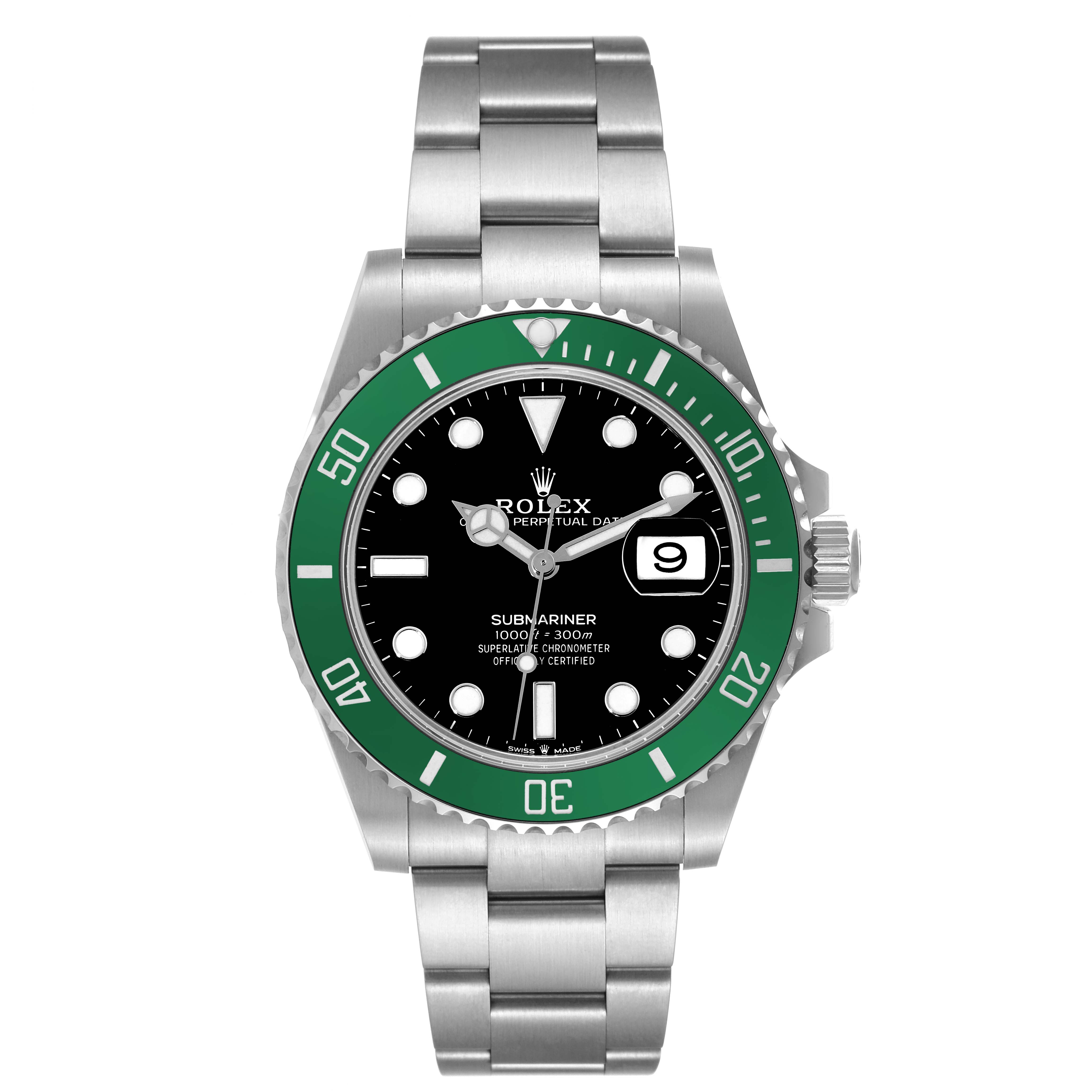 This image shows a frontal view of a Rolex Submariner 126610LV Men's Stainless Steel Black Dial 126610LV Men's Stainless Steel Black Dial watch, displaying its green bezel, black dial, and stainless steel bracelet.
