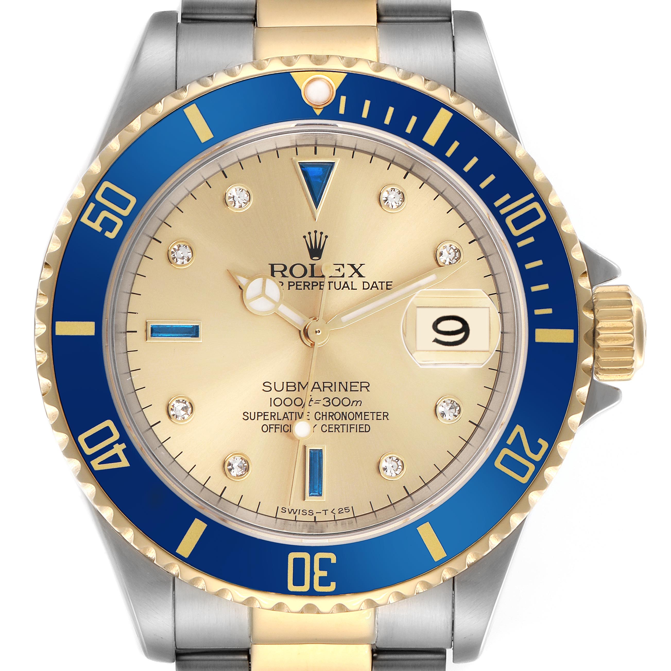 The Rolex Submariner 16613 Men
s Steel and Gold (two tone) Champagne Dial 16613 Men
s Steel and Gold (two tone) Champagne Dial watch is shown from the front, highlighting the bezel, dial, hands, and partially the bracelet.