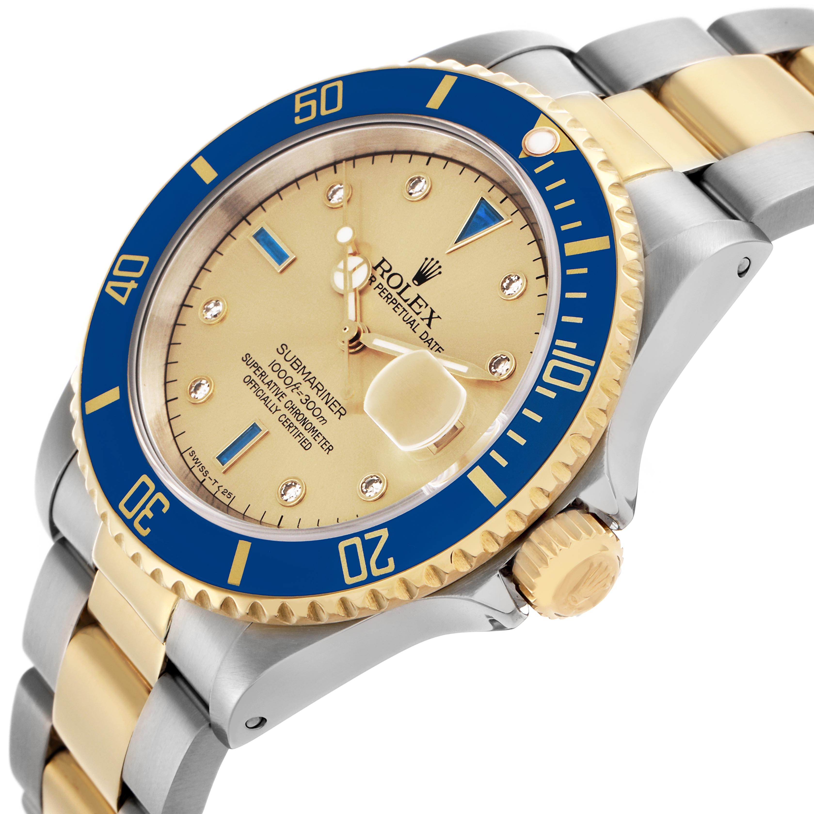 The image shows a Rolex Submariner 16613 Men
s Steel and Gold (two tone) Champagne Dial 16613 Men
s Steel and Gold (two tone) Champagne Dial watch from a three-quarter angle, highlighting the bezel, dial, crown, and bracelet.