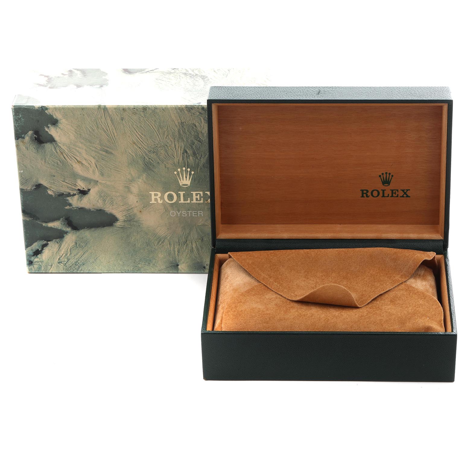 The image shows a Rolex Submariner 16613 Men
s Steel and Gold (two tone) Champagne Dial 16613 Men
s Steel and Gold (two tone) Champagne Dial watch box and pouch, open to display the interior and packaging.