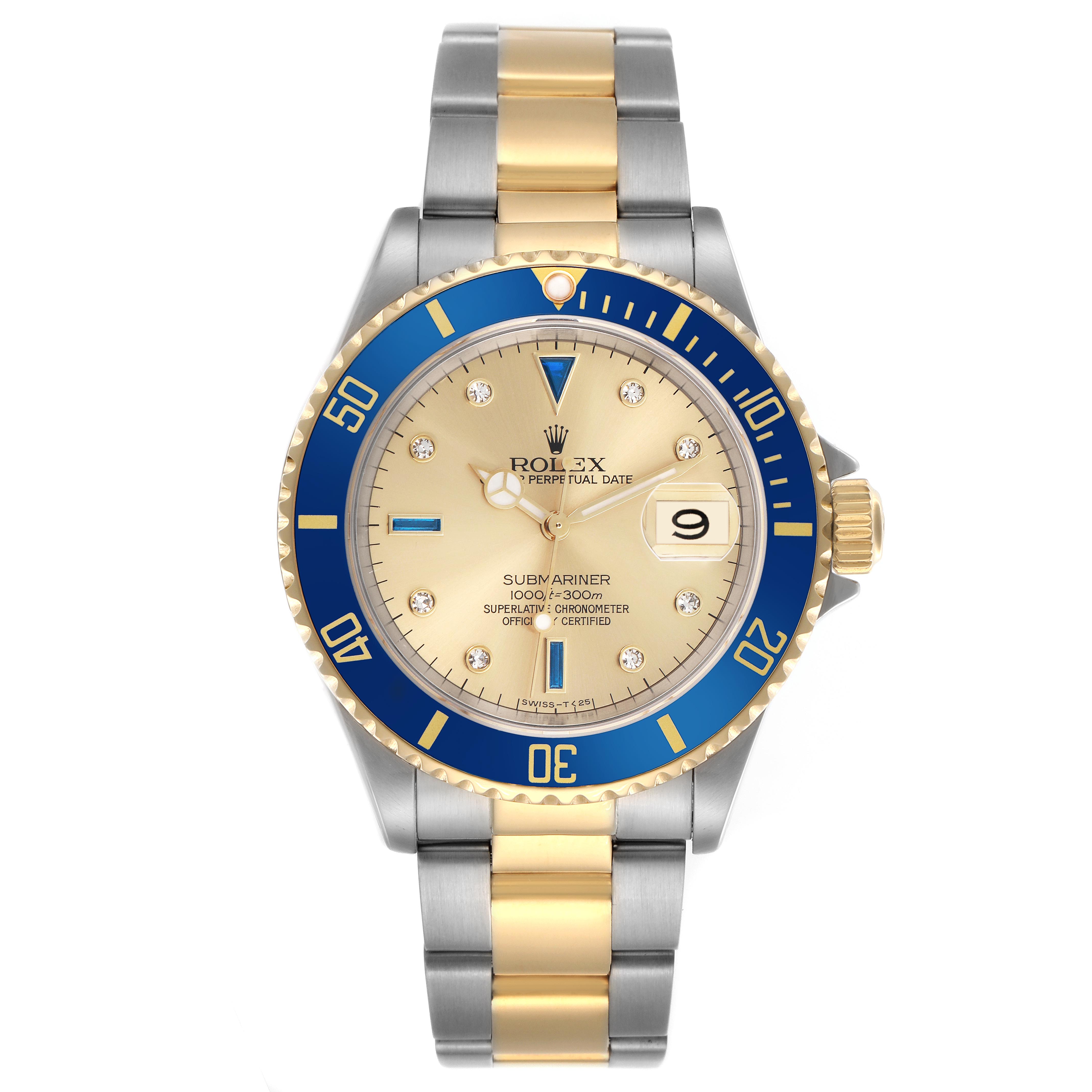 The Rolex Submariner 16613 Men
s Steel and Gold (two tone) Champagne Dial 16613 Men
s Steel and Gold (two tone) Champagne Dial watch is shown from the front, highlighting its bezel, dial, and bracelet.