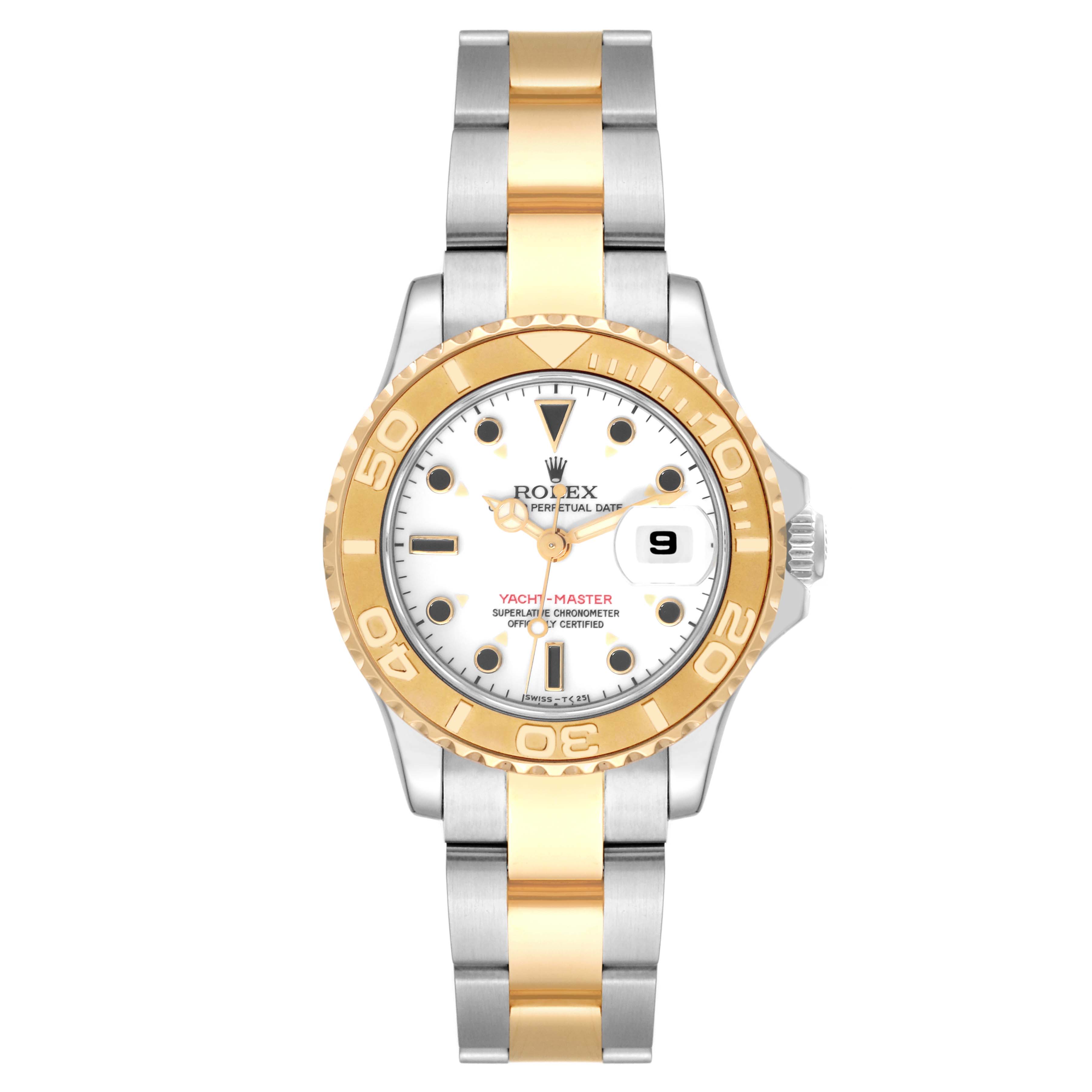 The image shows a front view of the Rolex Yacht-Master 69623 Women's Steel and Gold (two tone) White Dial 69623 Women's Steel and Gold (two tone) White Dial watch, highlighting its two-tone bracelet, bezel, dial, and crown.