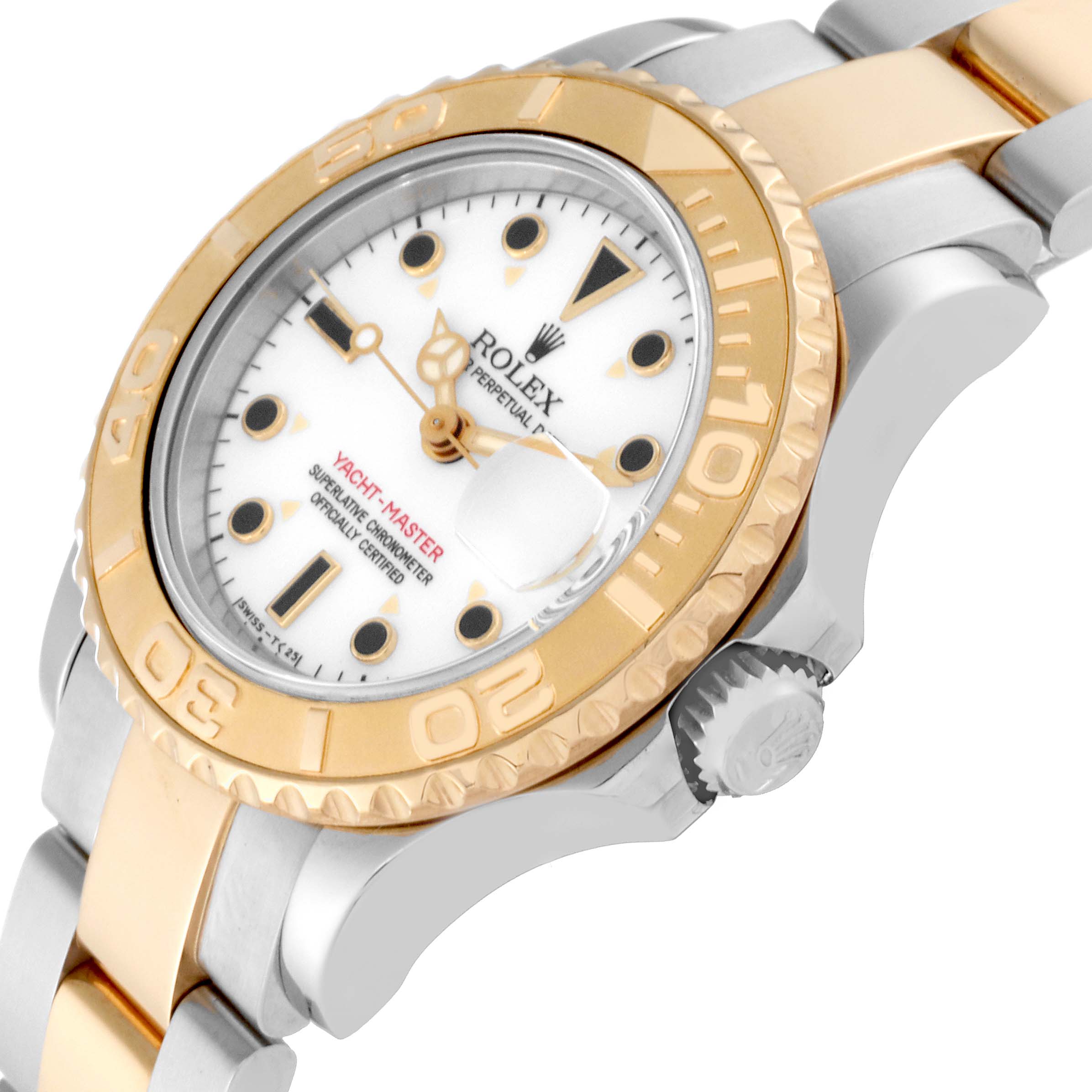 This image shows a close-up angled view of the Rolex Yacht-Master 69623 Women's Steel and Gold (two tone) White Dial 69623 Women's Steel and Gold (two tone) White Dial watch, highlighting the dial, bezel, crown, and part of the bracelet.