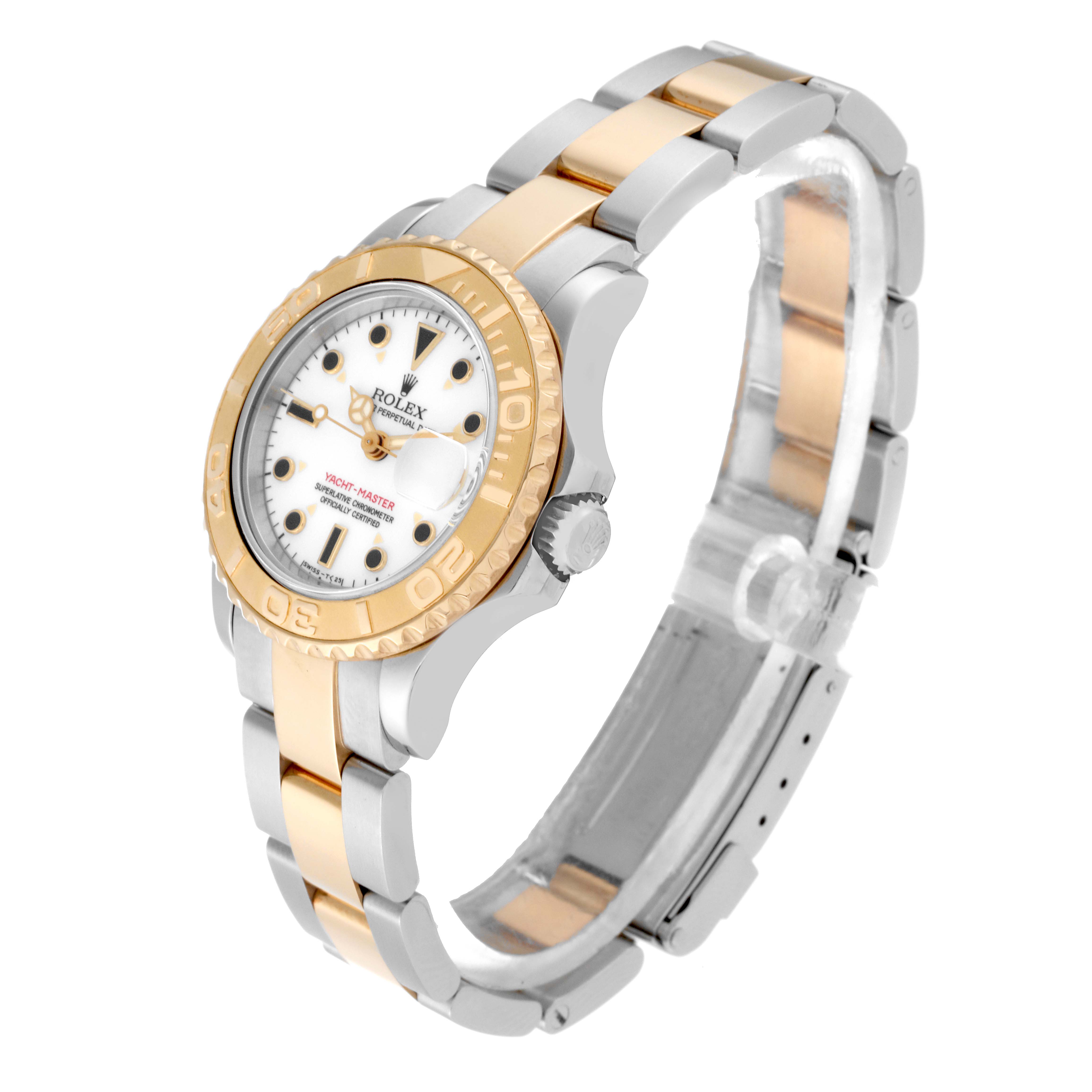 The image shows a Rolex Yacht-Master 69623 Women's Steel and Gold (two tone) White Dial 69623 Women's Steel and Gold (two tone) White Dial watch from an angled perspective, highlighting its bezel, dial, crown, and two-tone bracelet.