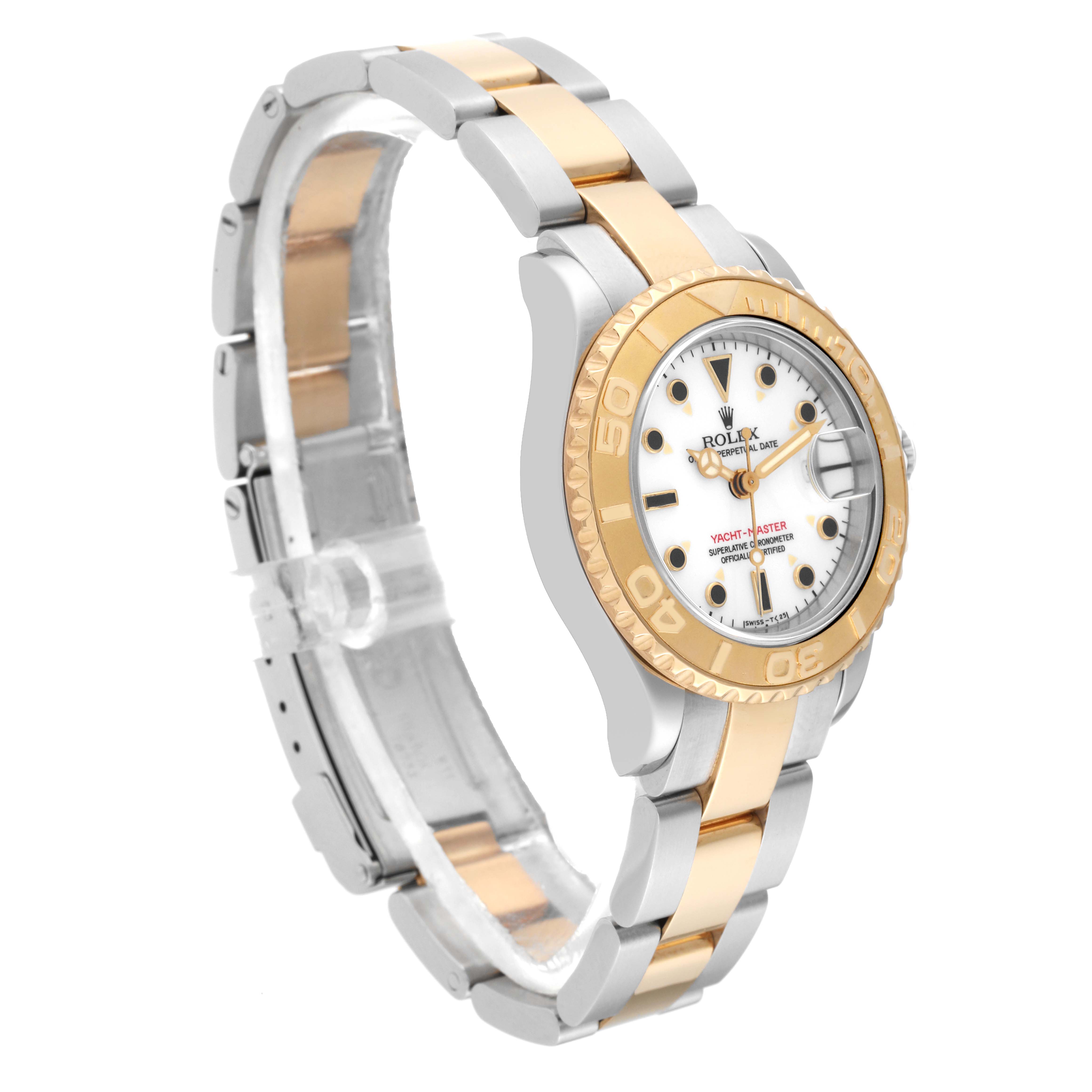 This image shows a Rolex Yacht-Master 69623 Women's Steel and Gold (two tone) White Dial 69623 Women's Steel and Gold (two tone) White Dial watch at an angle displaying the dial, bezel, and part of the bracelet.