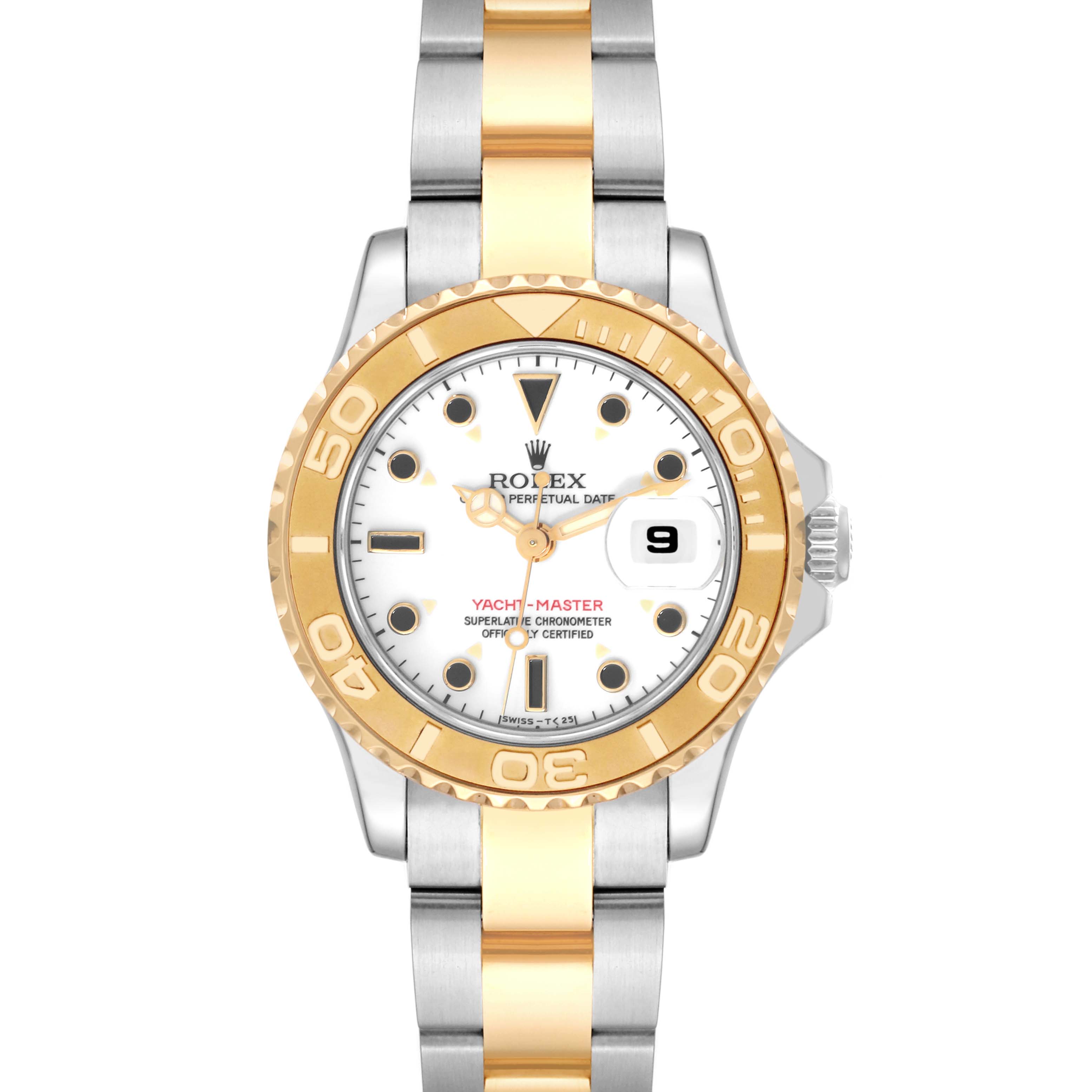 This image shows a frontal view of the Rolex Yacht-Master 69623 Women's Steel and Gold (two tone) White Dial 69623 Women's Steel and Gold (two tone) White Dial watch, highlighting the dial, bezel, and two-tone bracelet.