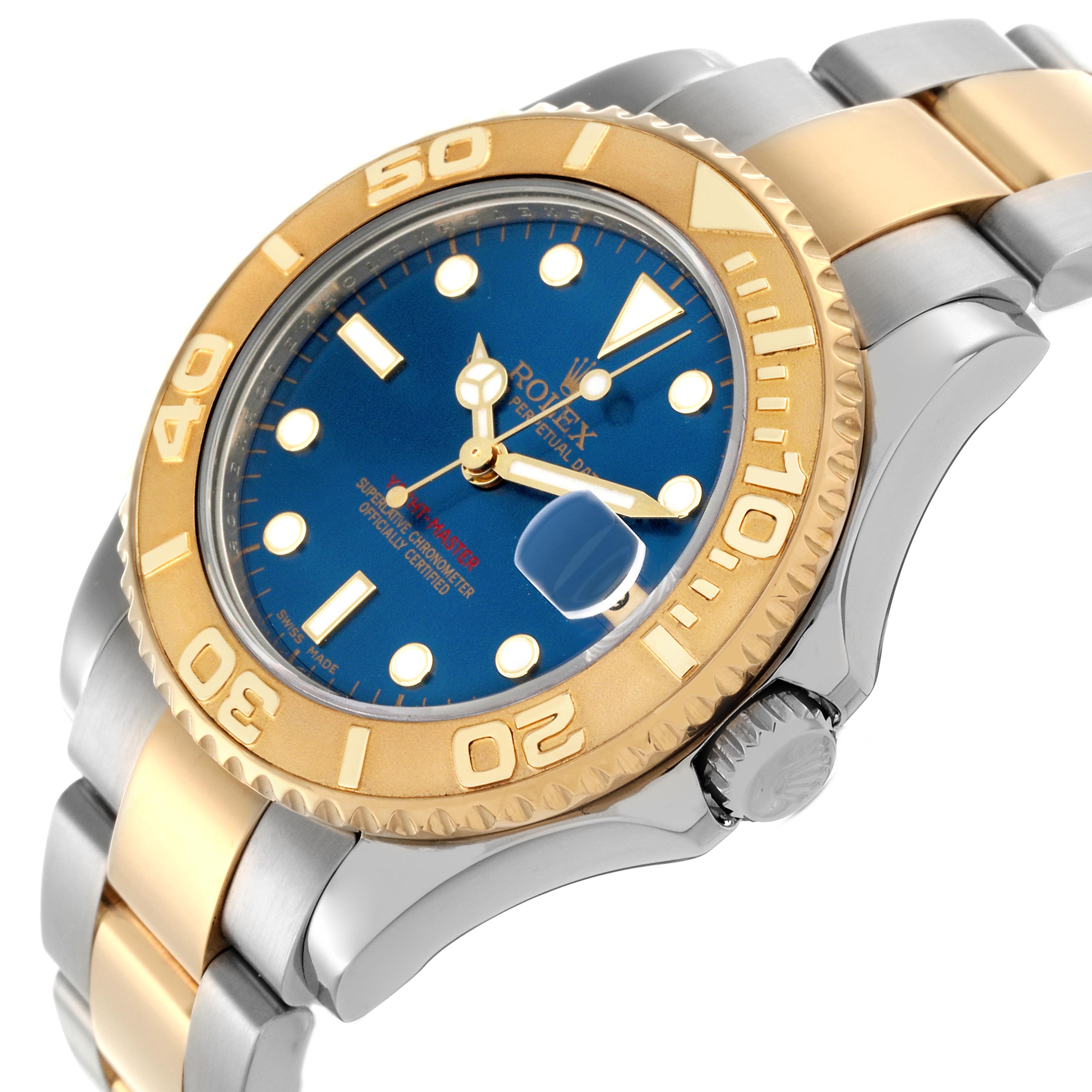 The Rolex Yacht-Master 168623 Men
s Steel and Gold (two tone) Blue Dial 168623 Men
s Steel and Gold (two tone) Blue Dial watch is shown at a slight angle, highlighting the face, gold bezel, and part of the bracelet.
