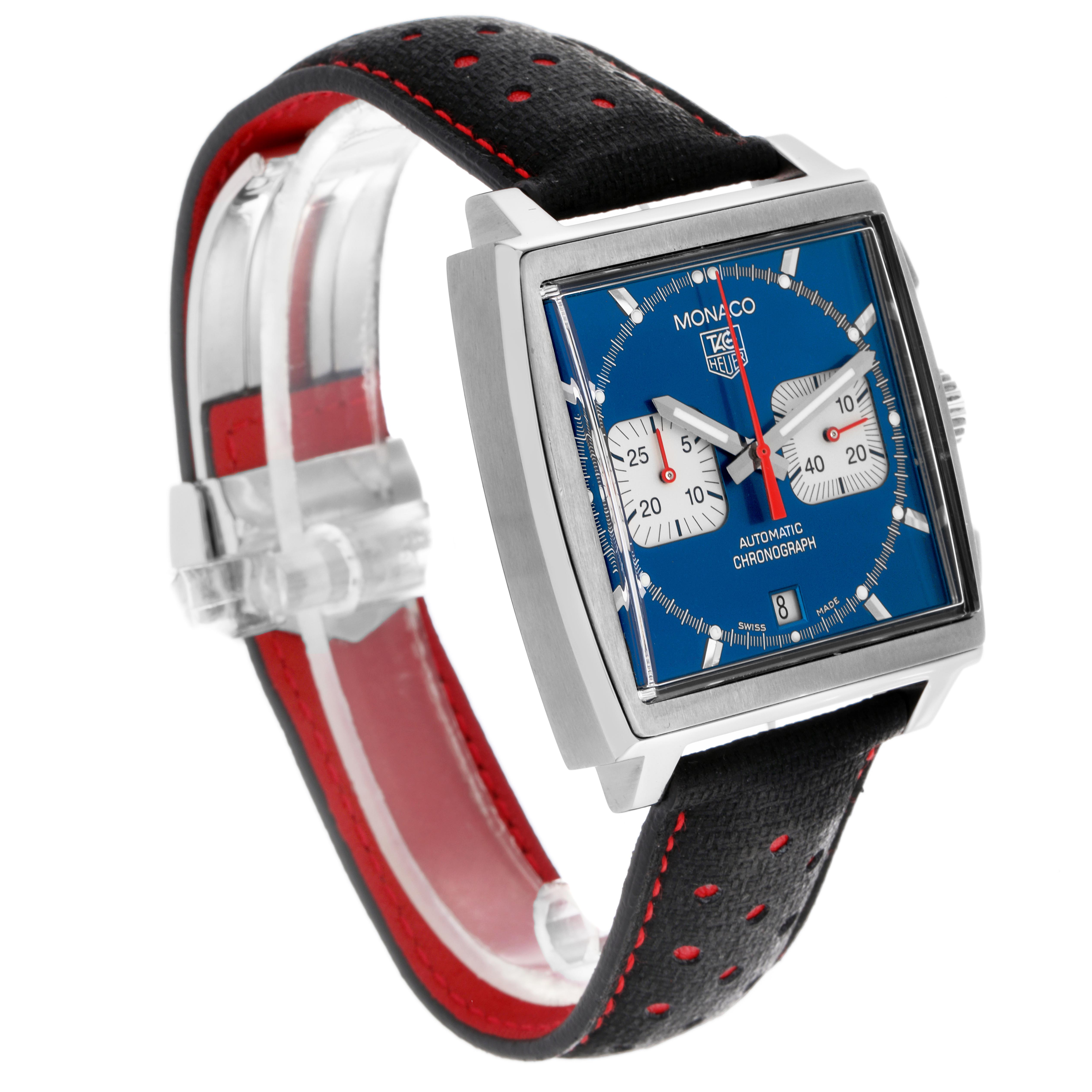 The Tag Heuer Monaco CW2113 Men
s Stainless Steel Blue Dial CW2113 Men
s Stainless Steel Blue Dial watch is shown at a 3/4 angle, highlighting the square face, blue dial, subdials, and black leather strap.