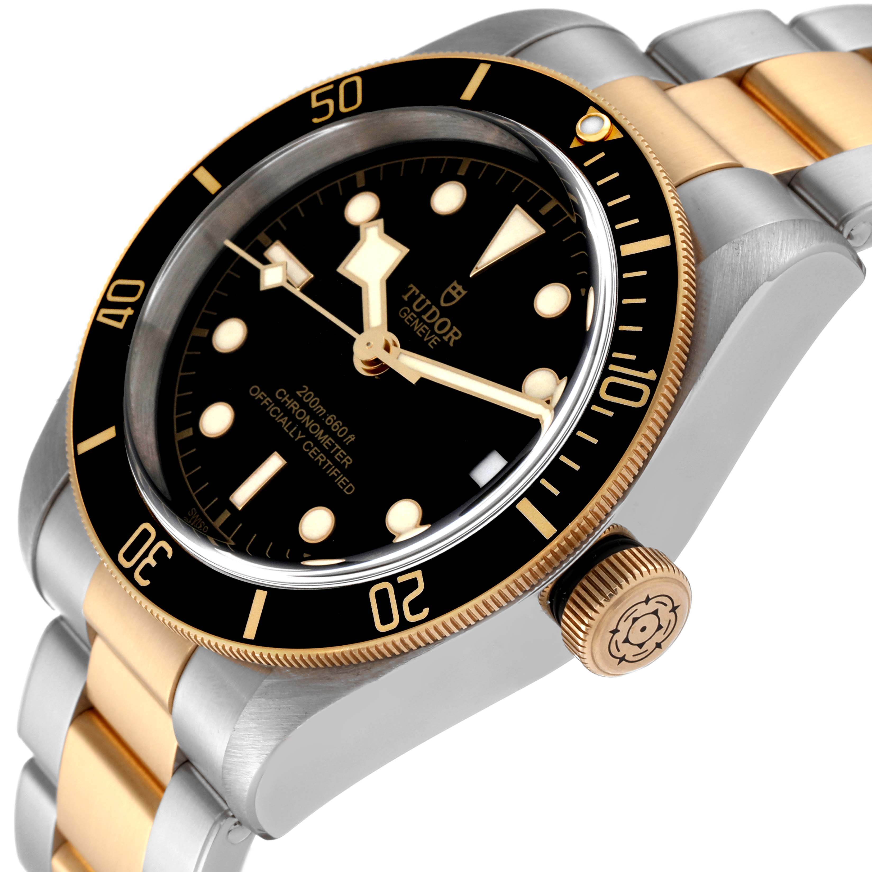 The Tudor Heritage Black Bay 79733 Men's Steel and Gold (two tone) Black Dial 79733 Men's Steel and Gold (two tone) Black Dial watch is shown at an angle detailing the black dial, gold hands, bezel, crown, and the two-tone metal bracelet.