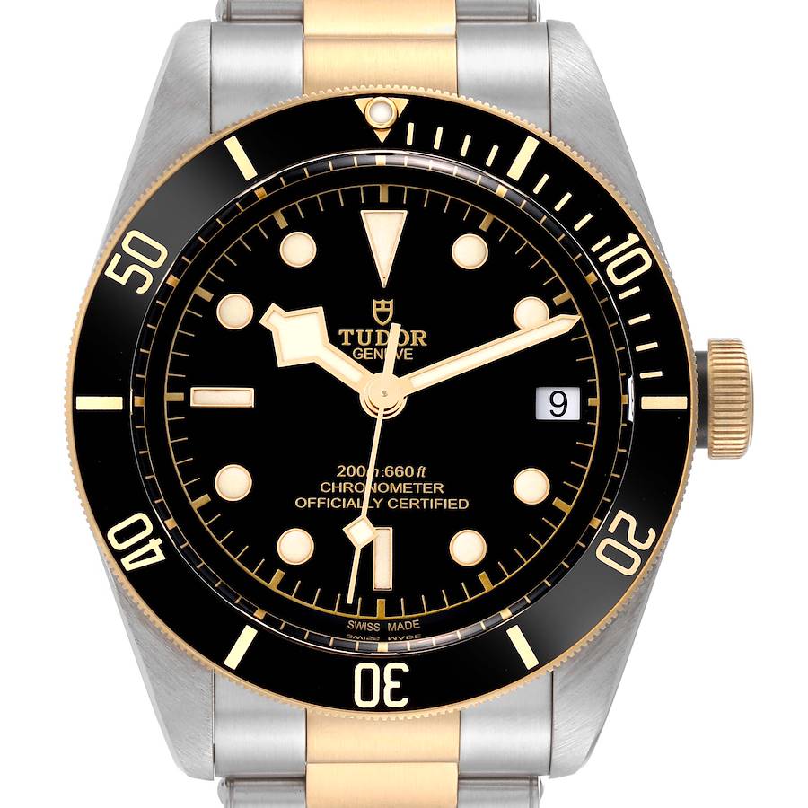 The image shows a front view of the Tudor Heritage Black Bay watch, highlighting its dial, bezel, hands, and part of the bracelet.