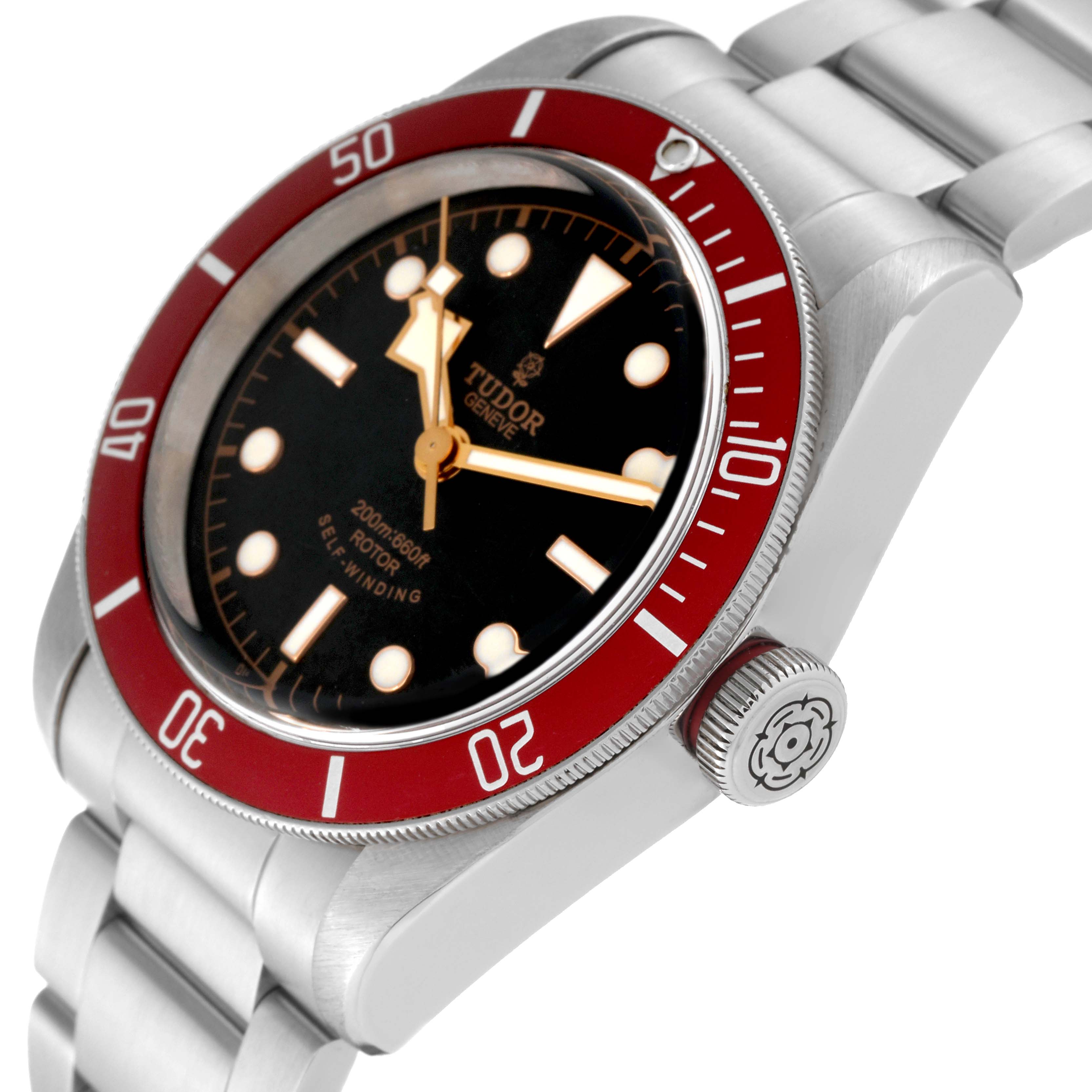 The image displays a Heritage Black Bay Tudor watch from a side angle, highlighting its red bezel, crown, and metal bracelet.