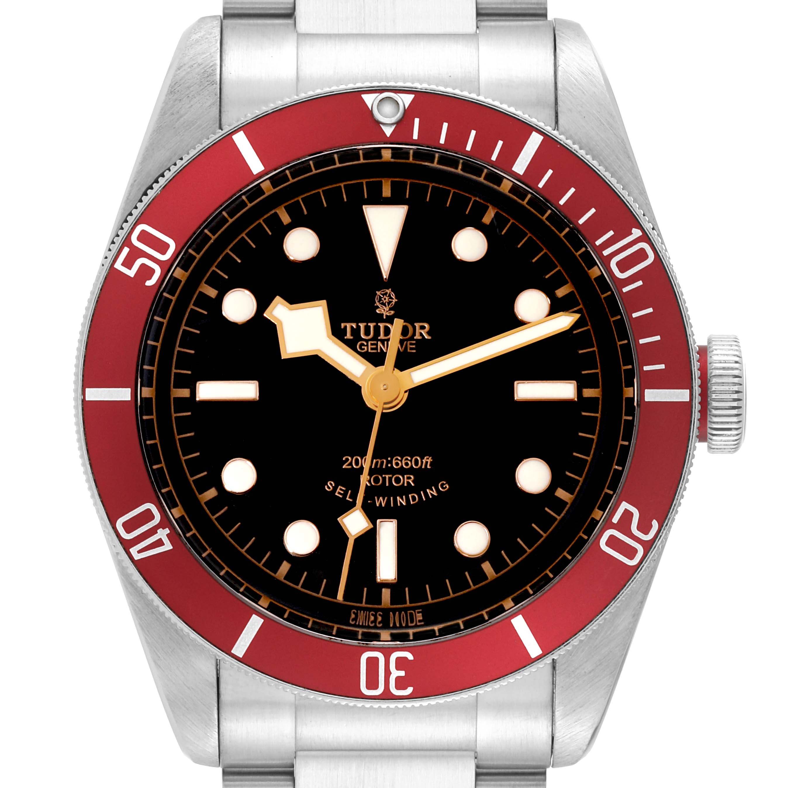 The image shows a front view of the Tudor Heritage Black Bay 79220R Men's Stainless Steel Black Dial 79220R Men's Stainless Steel Black Dial watch with a red bezel and steel bracelet.