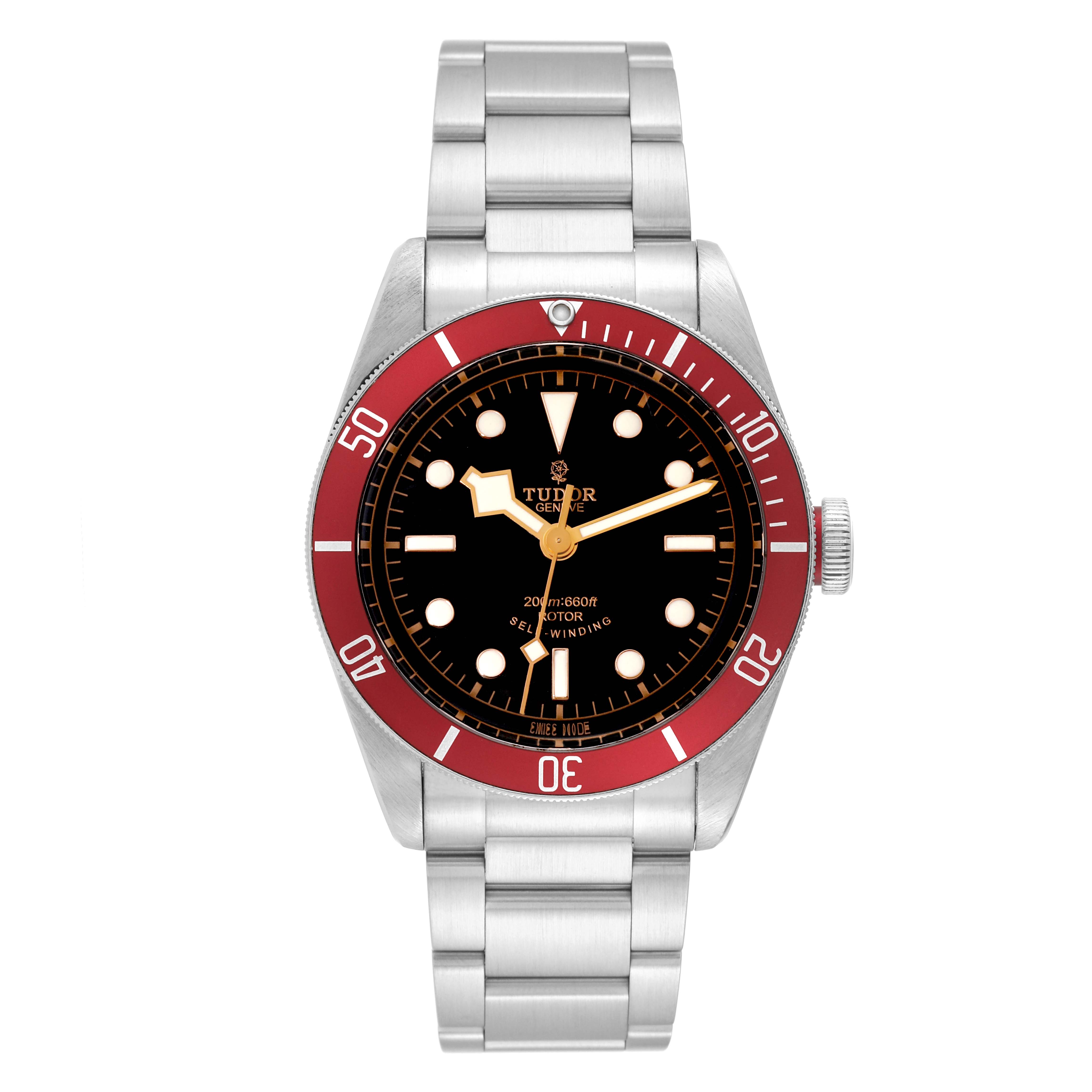 The image shows a front view of the Tudor Heritage Black Bay 79220R Men's Stainless Steel Black Dial 79220R Men's Stainless Steel Black Dial watch, featuring its dial, bezel, and bracelet.