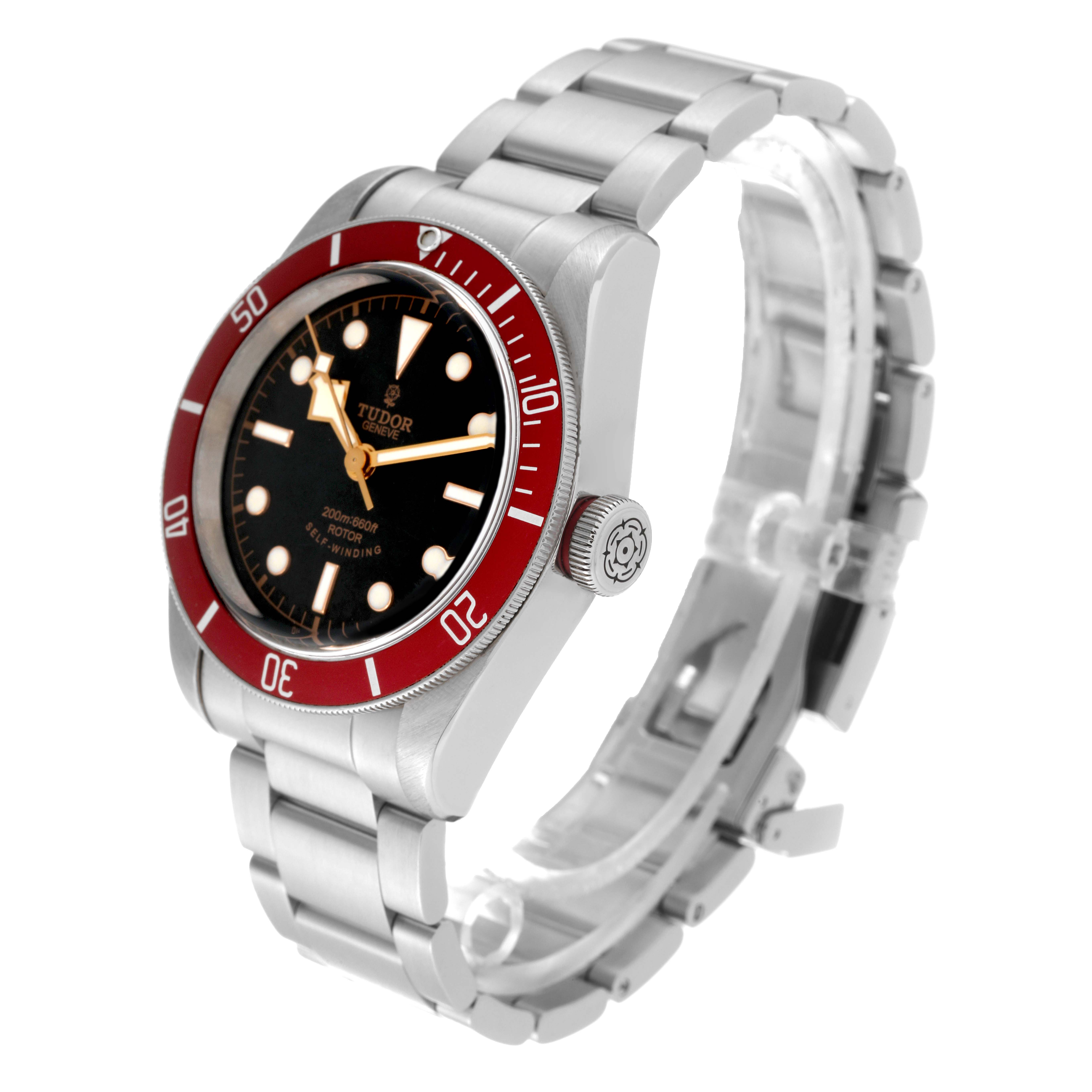 The Tudor Heritage Black Bay 79220R Men's Stainless Steel Black Dial 79220R Men's Stainless Steel Black Dial watch is shown at a slight angle, highlighting the face, bezel, crown, and part of the metal bracelet.