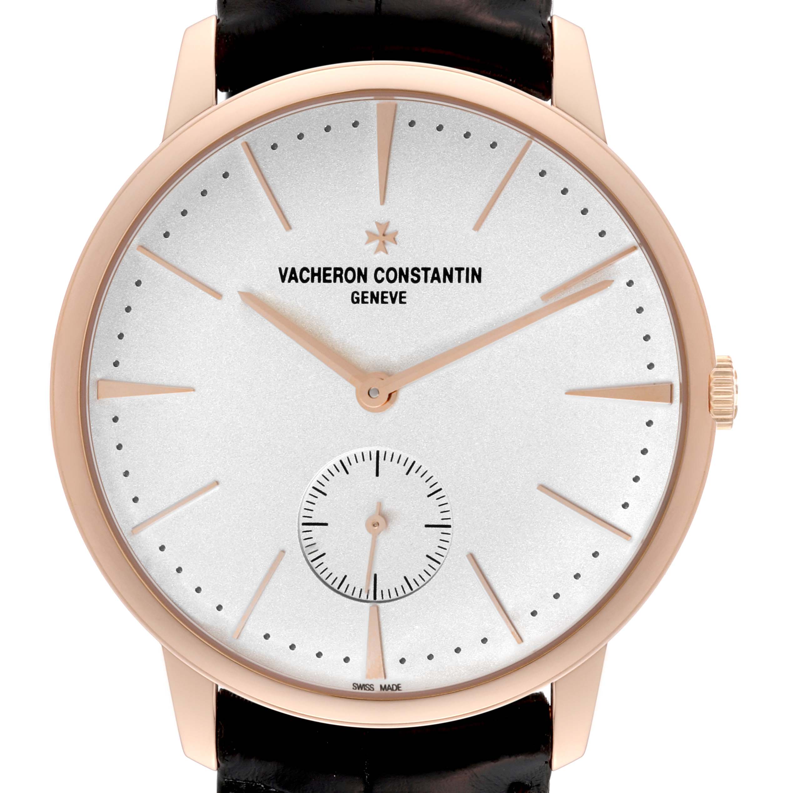 The image shows the face of a Vacheron Constantin Patrimony 1110U/000R Men's Rose Gold Silver Dial 1110U/000R Men's Rose Gold Silver Dial watch with rose gold case, black leather strap, and small seconds subdial.