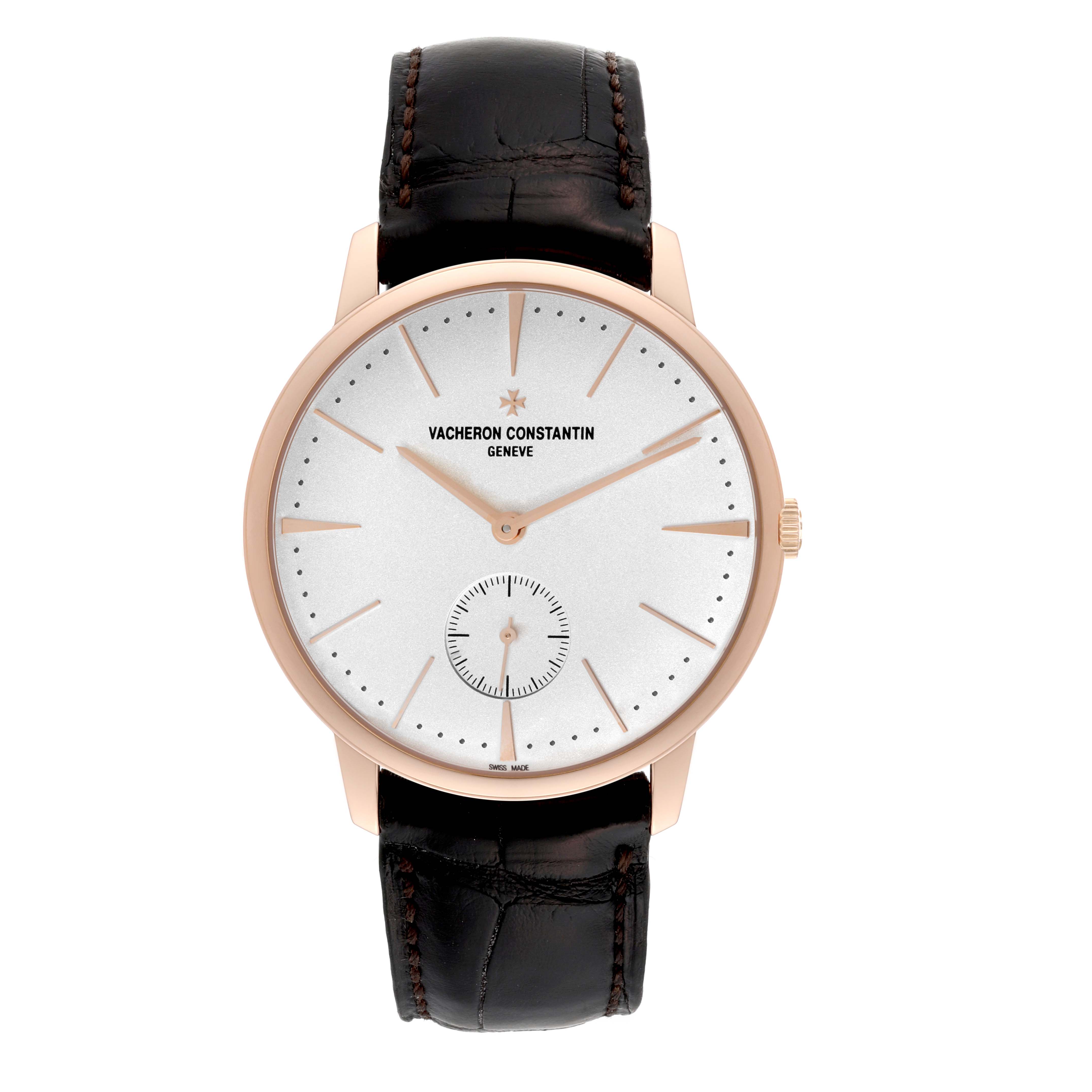 This image shows a front view of a Vacheron Constantin Patrimony 1110U/000R Men's Rose Gold Silver Dial 1110U/000R Men's Rose Gold Silver Dial watch, displaying its face, hands, and leather strap.