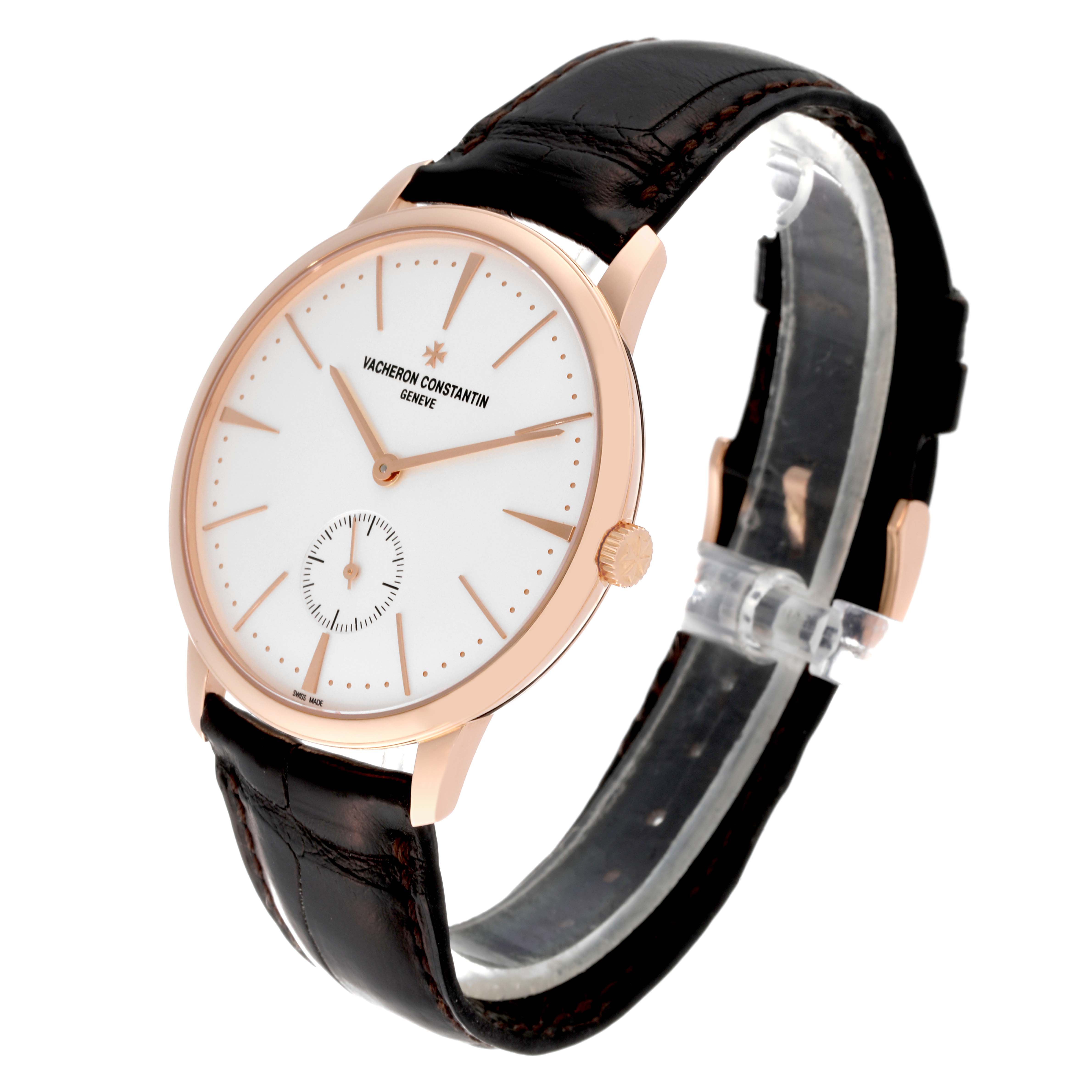 This image shows a Vacheron Constantin Patrimony 1110U/000R Men's Rose Gold Silver Dial 1110U/000R Men's Rose Gold Silver Dial watch at an angle displaying the face, rose gold case, and leather strap.