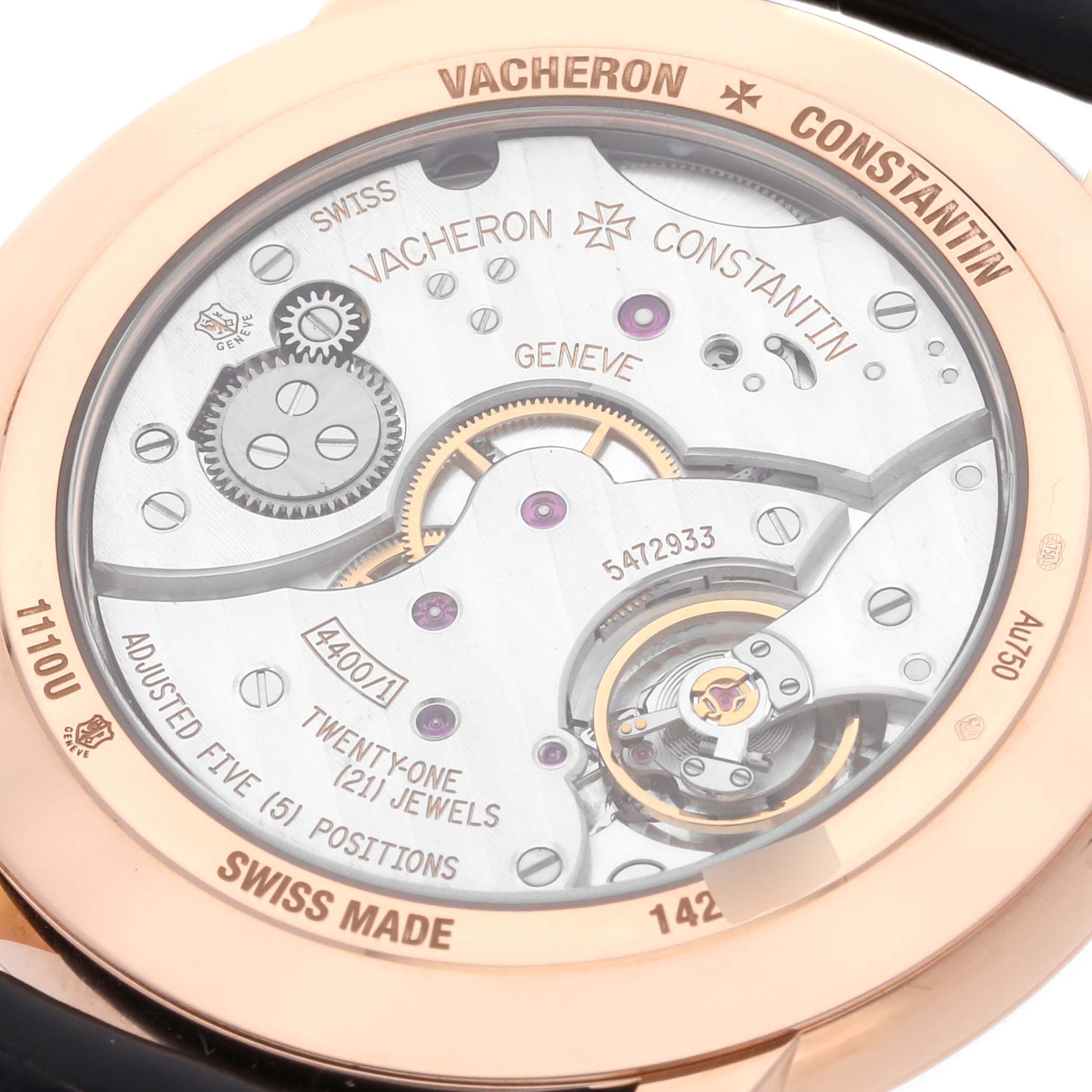 This image shows the back of the Vacheron Constantin Patrimony 1110U/000R Men's Rose Gold Silver Dial 1110U/000R Men's Rose Gold Silver Dial watch, highlighting its movement and inner mechanisms.