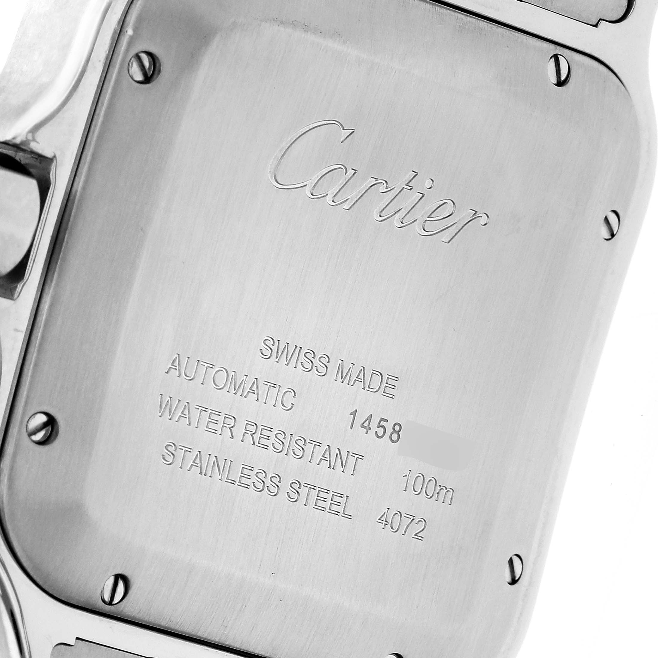 This image shows the back case of a Cartier Santos WSSA0037 Men's Stainless Steel Grey Dial WSSA0037 Men's Stainless Steel Grey Dial watch, highlighting its engravings and stainless steel material.