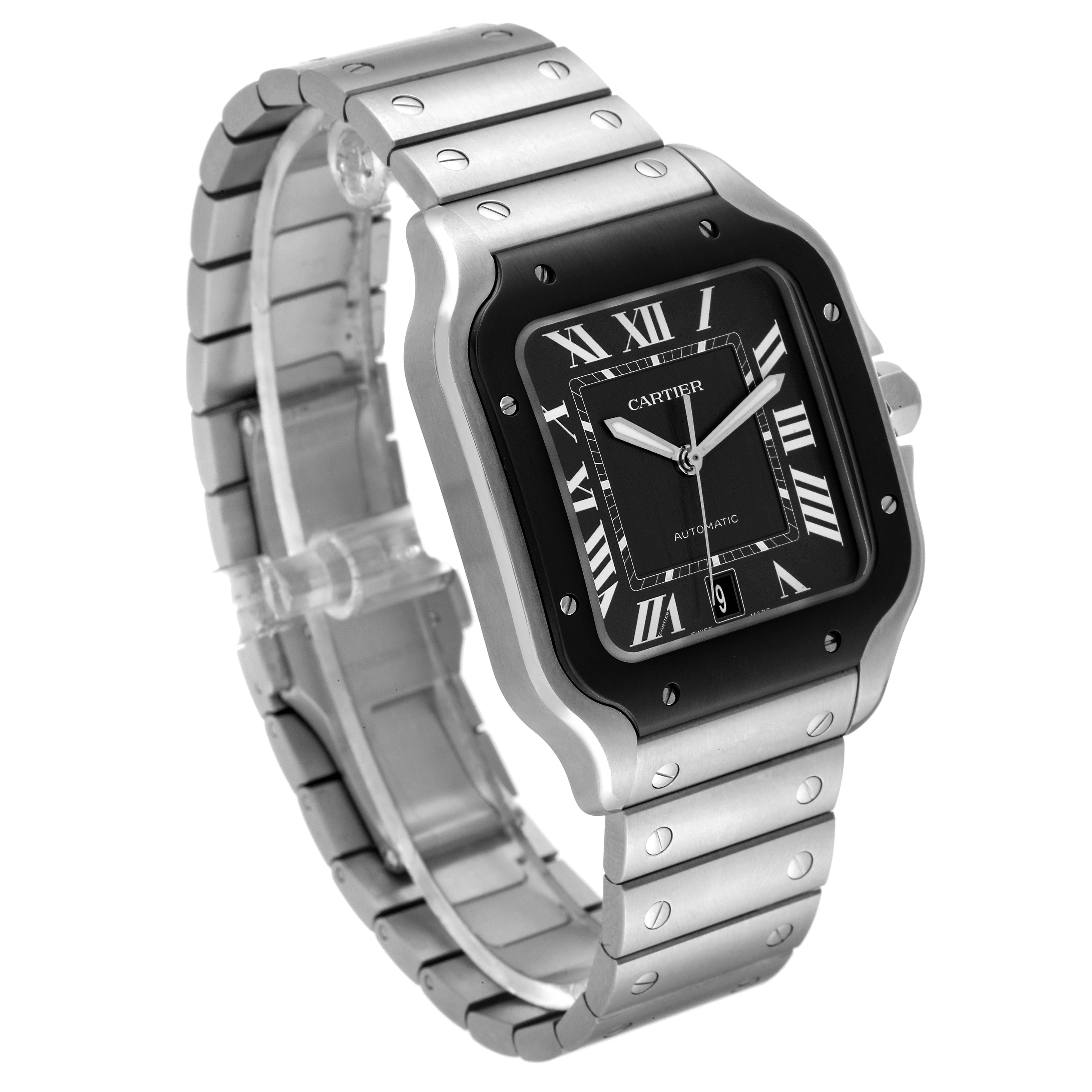 The image shows a Cartier Santos WSSA0037 Men's Stainless Steel Grey Dial WSSA0037 Men's Stainless Steel Grey Dial watch in a three-quarter view, highlighting its face, case, and bracelet.
