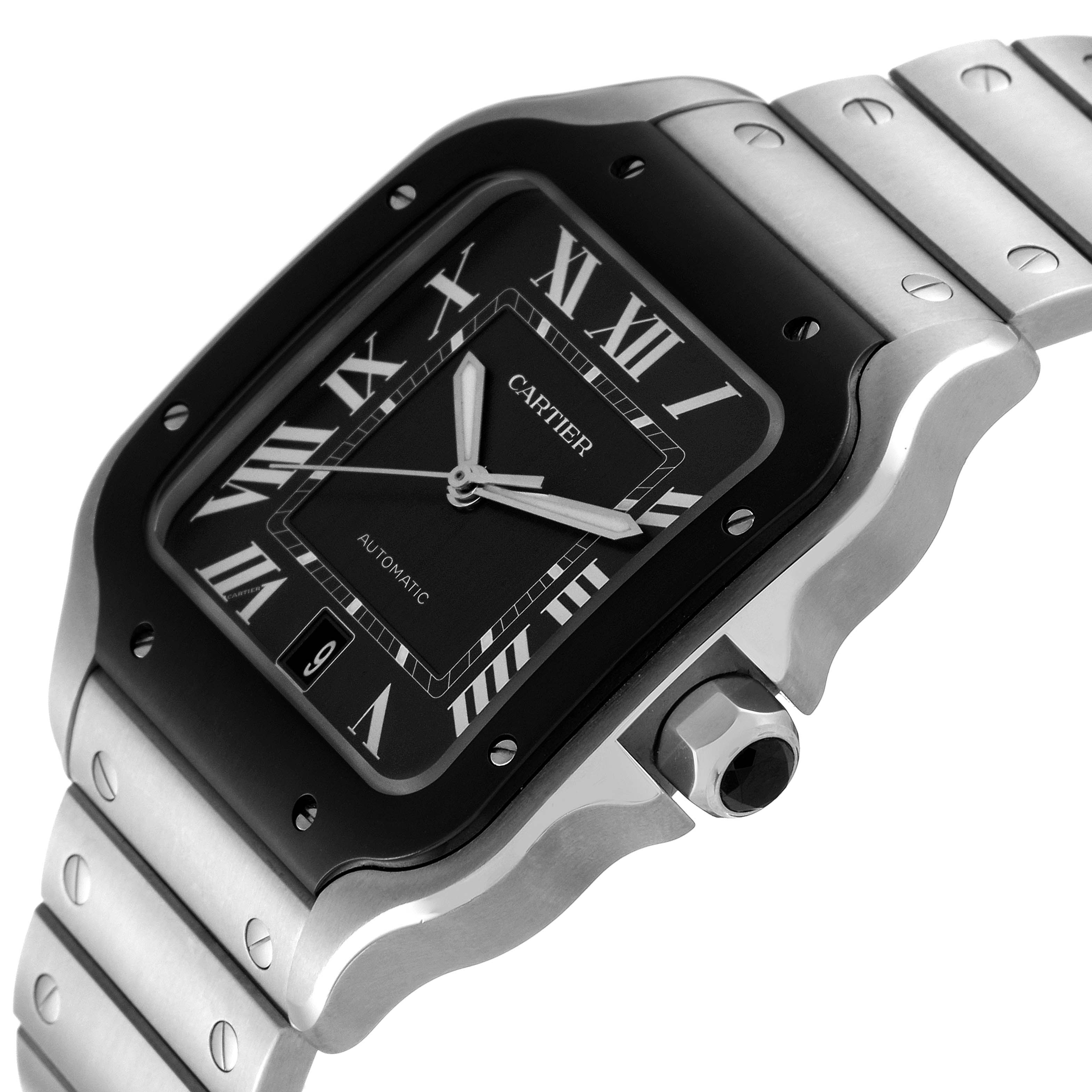 The image shows a close-up angle of the Cartier Santos WSSA0037 Men's Stainless Steel Grey Dial WSSA0037 Men's Stainless Steel Grey Dial watch, highlighting the face, crown, and part of the metal bracelet.