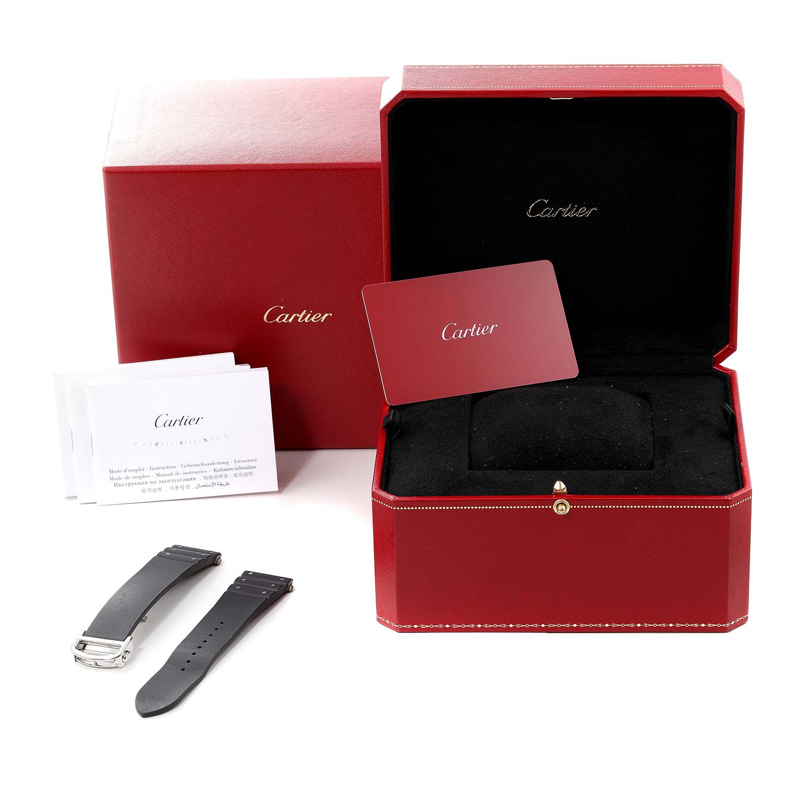 The image shows a Cartier Santos WSSA0037 Men's Stainless Steel Grey Dial WSSA0037 Men's Stainless Steel Grey Dial watch box, manual, extra straps, and a warranty card from a front angle.