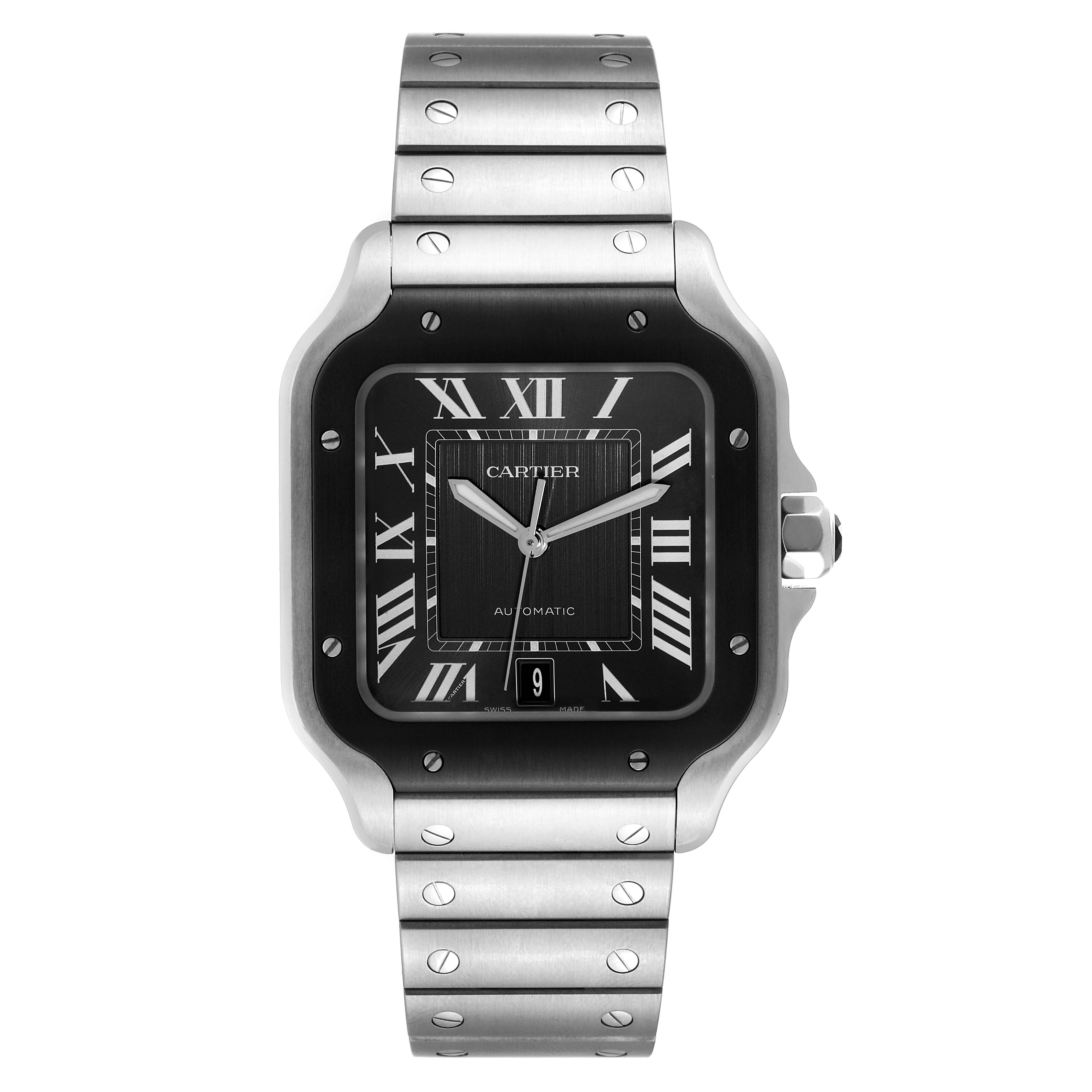 The image shows a front view of the Cartier Santos WSSA0037 Men's Stainless Steel Grey Dial WSSA0037 Men's Stainless Steel Grey Dial model watch, displaying its face, bezel, crown, and bracelet.