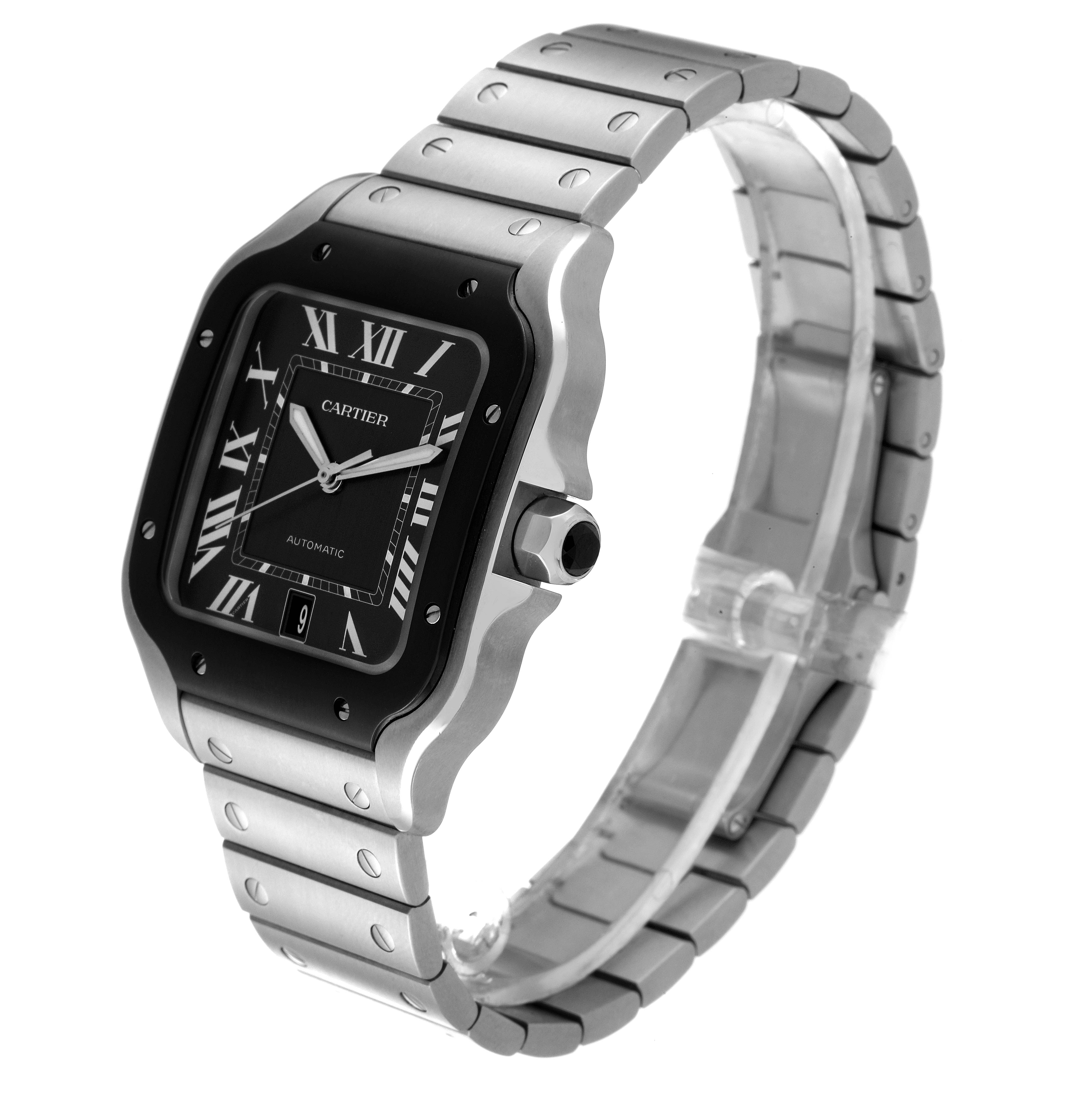 The Cartier Santos WSSA0037 Men's Stainless Steel Grey Dial WSSA0037 Men's Stainless Steel Grey Dial watch is shown from a three-quarter angle, highlighting the face, bezel, and bracelet.