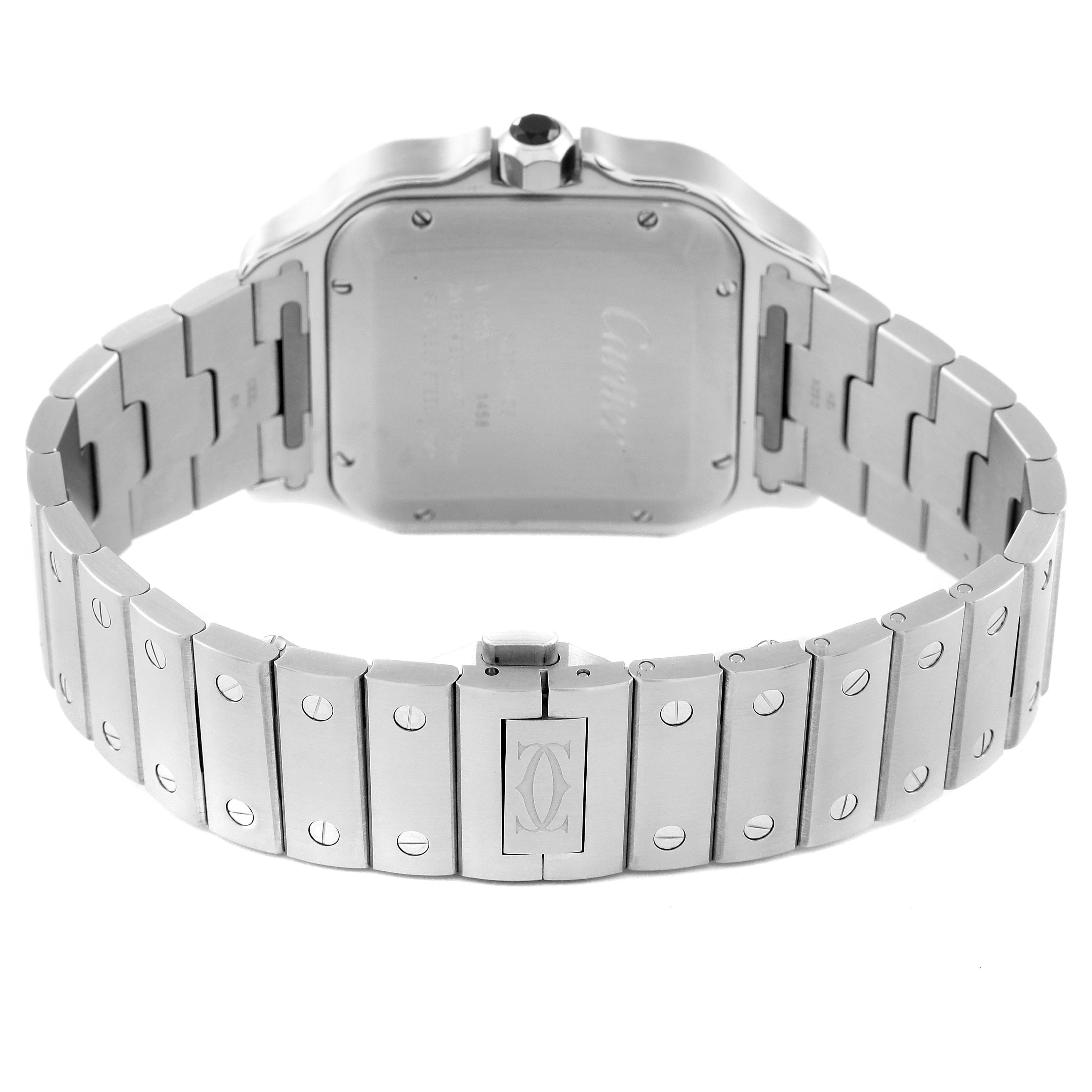 This image shows the back view of a Cartier Santos WSSA0037 Men's Stainless Steel Grey Dial WSSA0037 Men's Stainless Steel Grey Dial model watch with its metal bracelet and clasp.