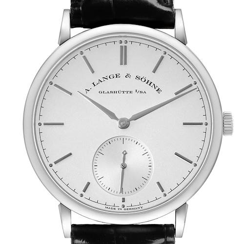 The A. Lange & Sohne Saxonia 380.026 Men's White Gold Silver Dial watch is shown from a front angle, highlighting its dial, hands, indices, and crown.