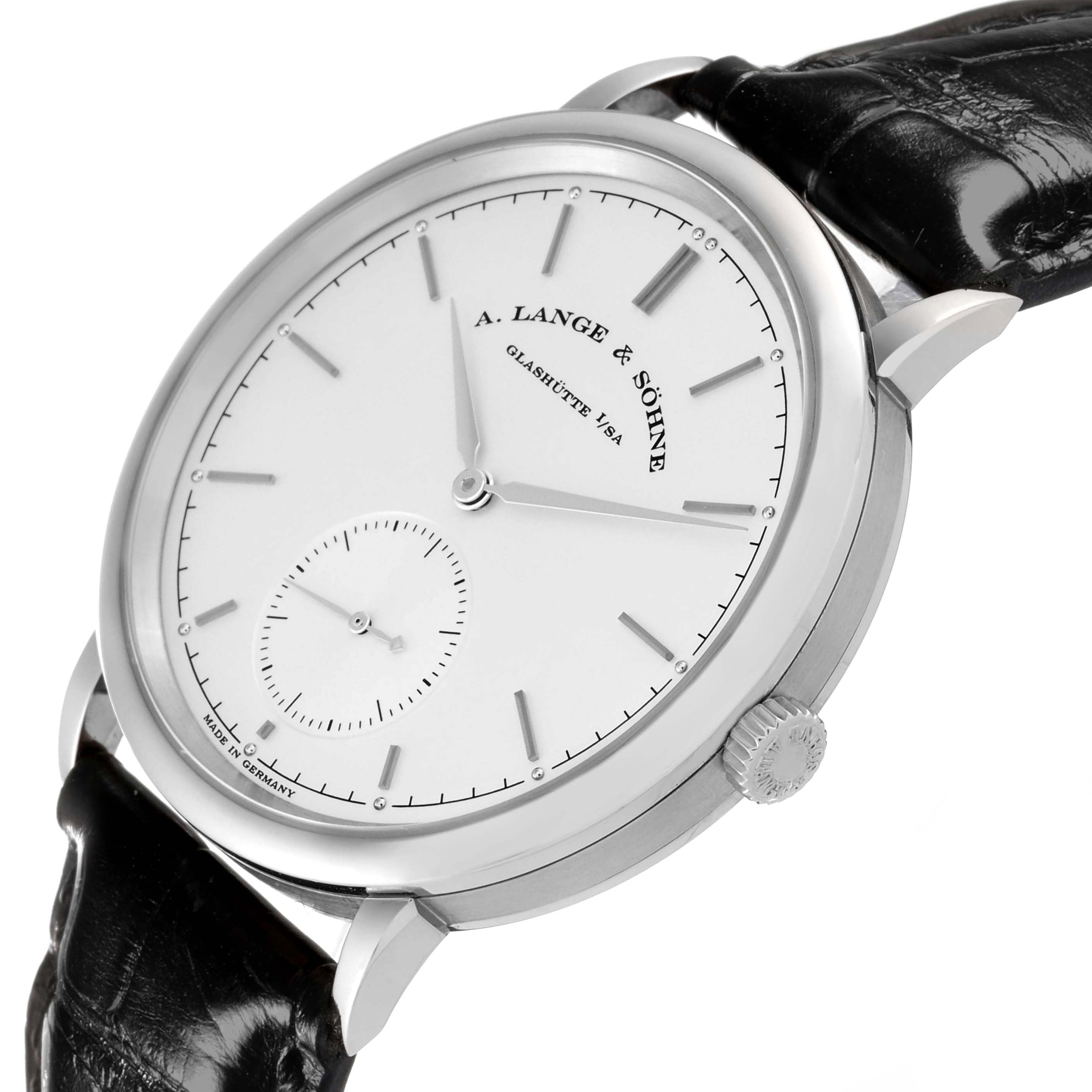 The image shows an angled side view of the A. Lange & Sohne Saxonia 380.026 Men's White Gold Silver Dial, showcasing its face, crown, and black leather strap.