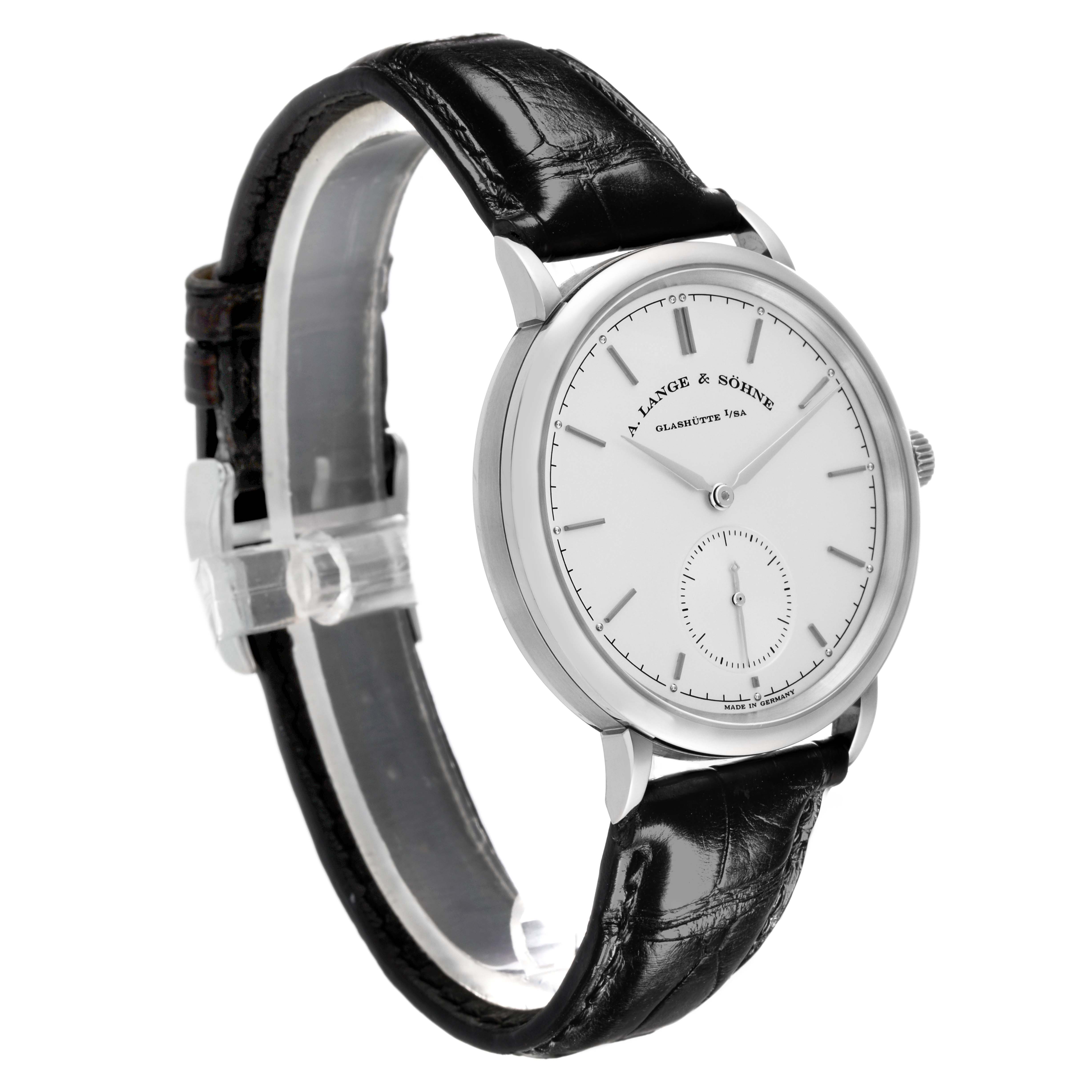 The A. Lange & Sohne Saxonia 380.026 Men's White Gold Silver Dial watch is shown at a slight side angle, highlighting its black leather strap, round dial, and silver casing.