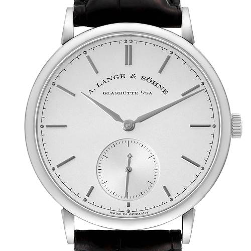 The A. Lange & Sohne Saxonia 380.026 Men's White Gold Silver Dial watch is shown from a frontal angle, highlighting the face, hands, markers, and strap attachment.