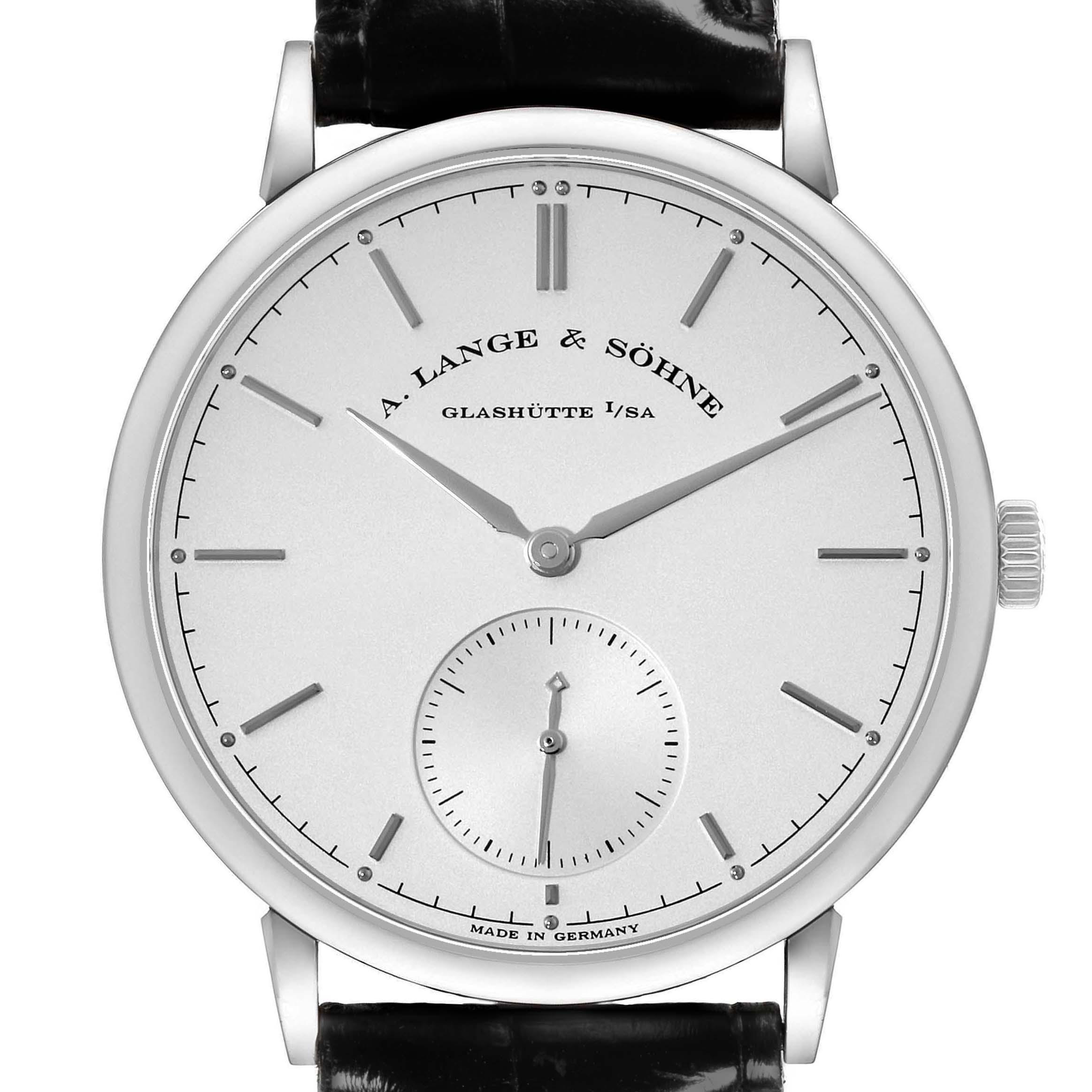 The Saxonia by A. Lange & Söhne is shown from the front, highlighting the dial, hands, and crown.