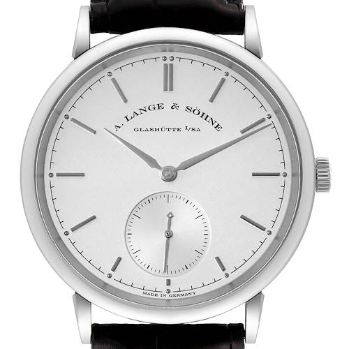 The image shows a frontal view of the A. Lange & Söhne Saxonia watch, highlighting its dial, hour markers, hands, and sub-dial.