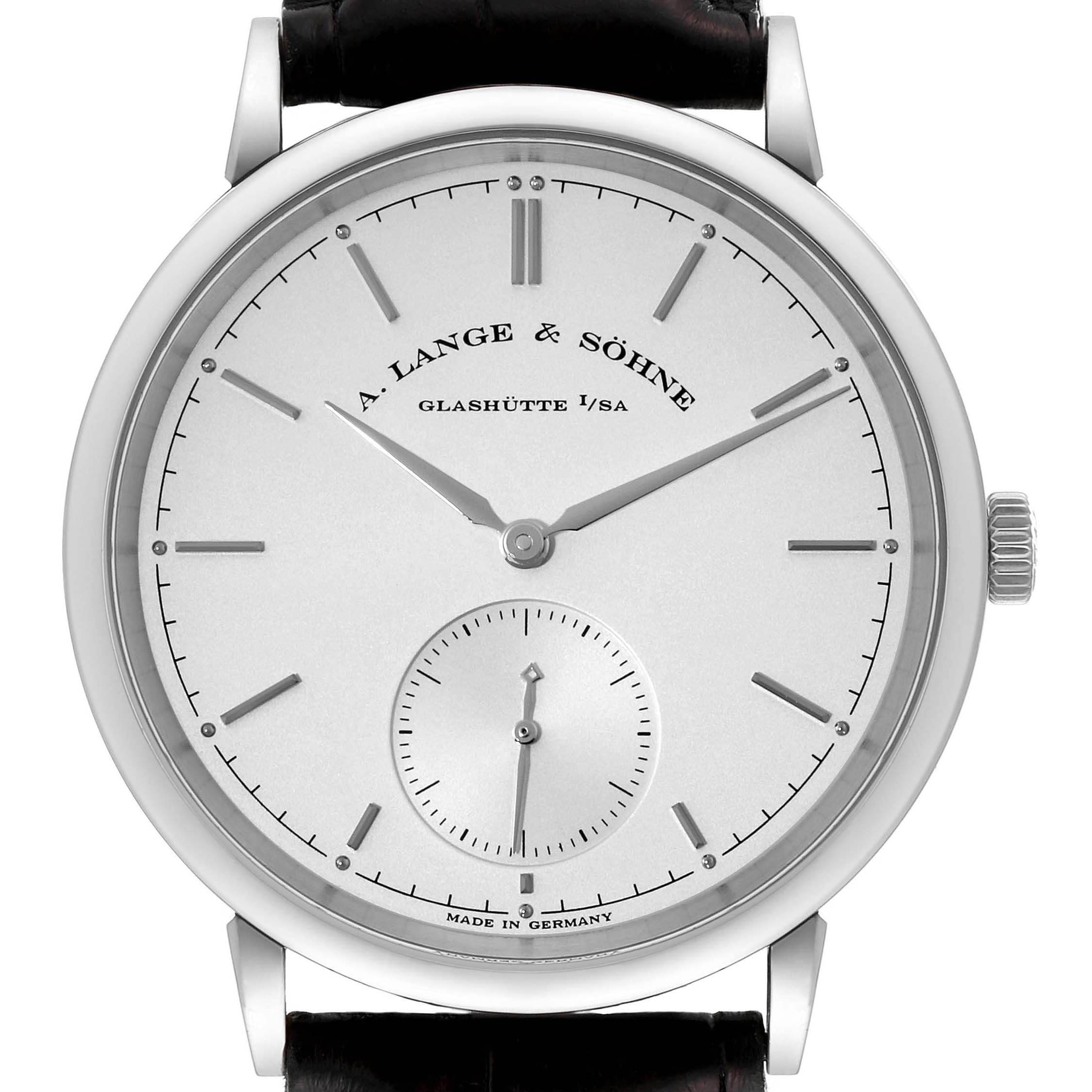 The image shows a front view of the A. Lange 
Sohne Saxonia 380.026 Men
s White Gold Silver Dial watch, displaying its dial, hour markers, and sub-dial.