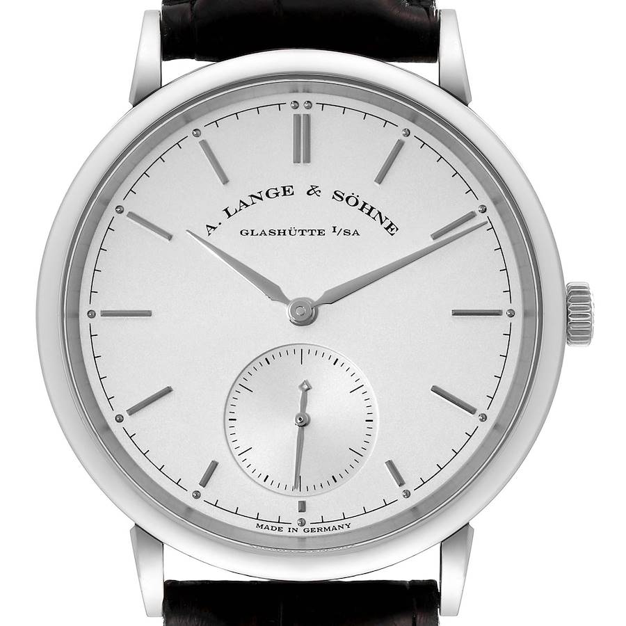 The image shows a front view of the A. Lange & Söhne Saxonia watch, displaying its dial, hour markers, and sub-dial.