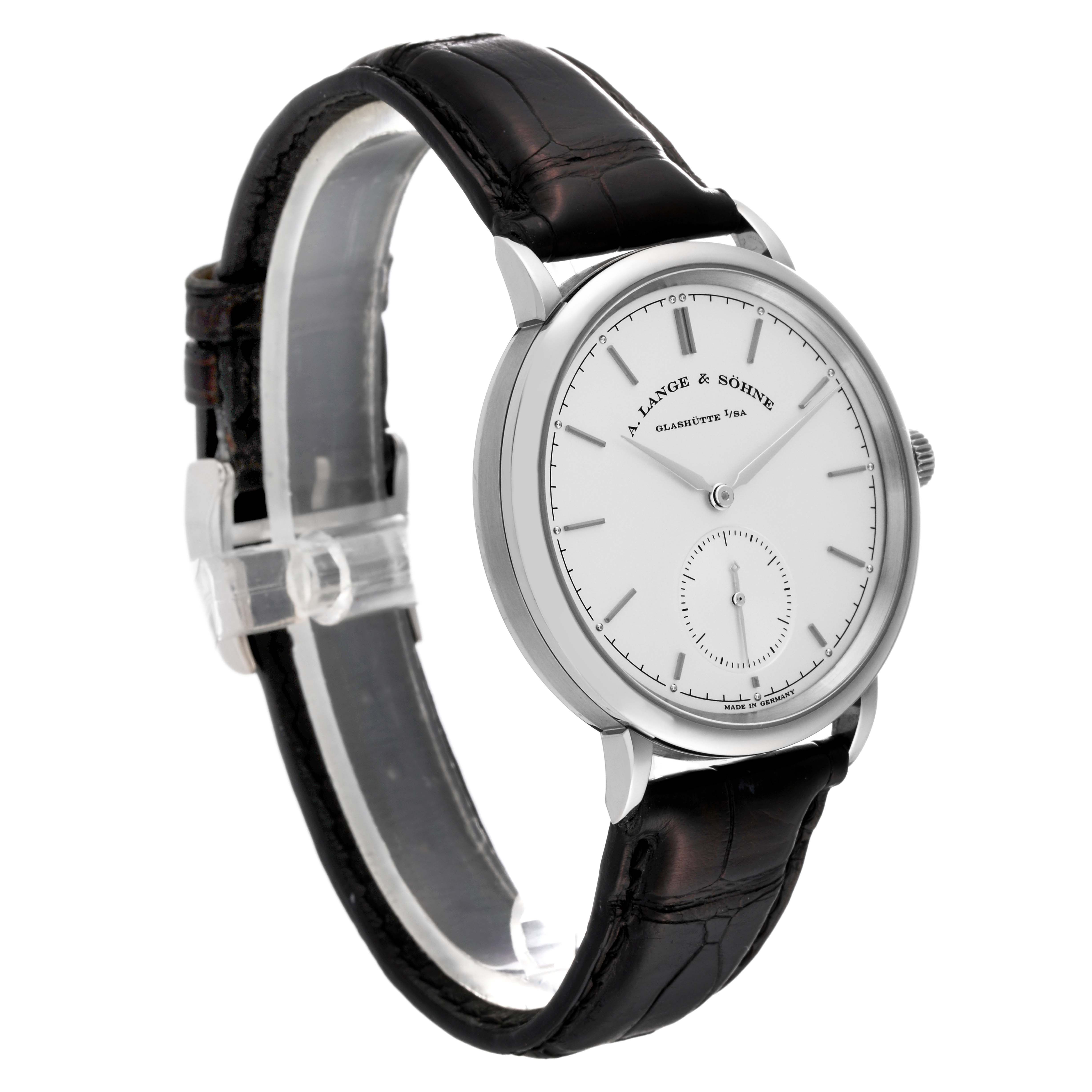 The image shows an oblique view of the A. Lange 
Sohne Saxonia watch featuring its face, bezel, case, and leather strap.