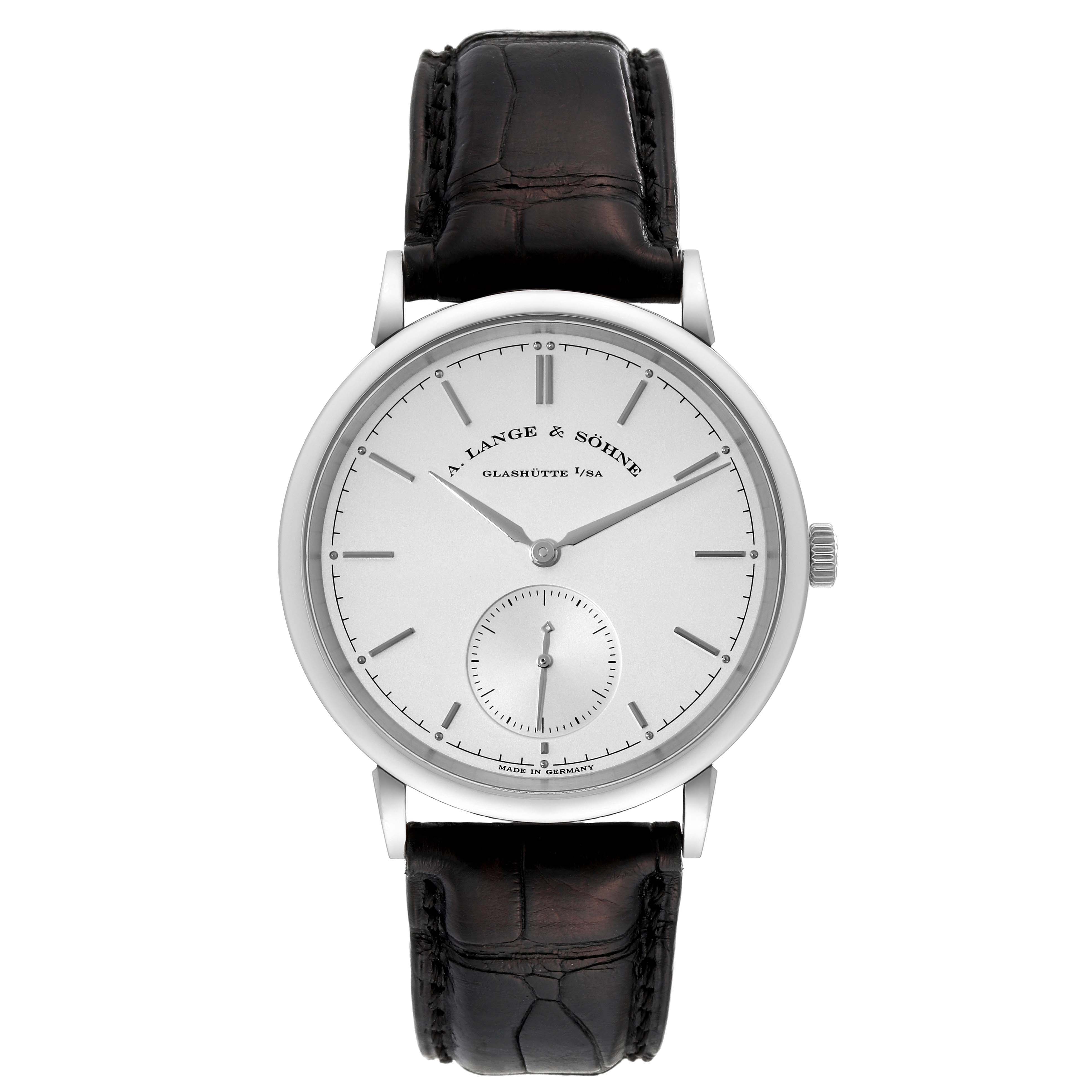 This is a front view of the A. Lange 
Sohne Saxonia 380.026 Men
s White Gold Silver Dial watch, showing the dial, hands, crown, and leather strap.