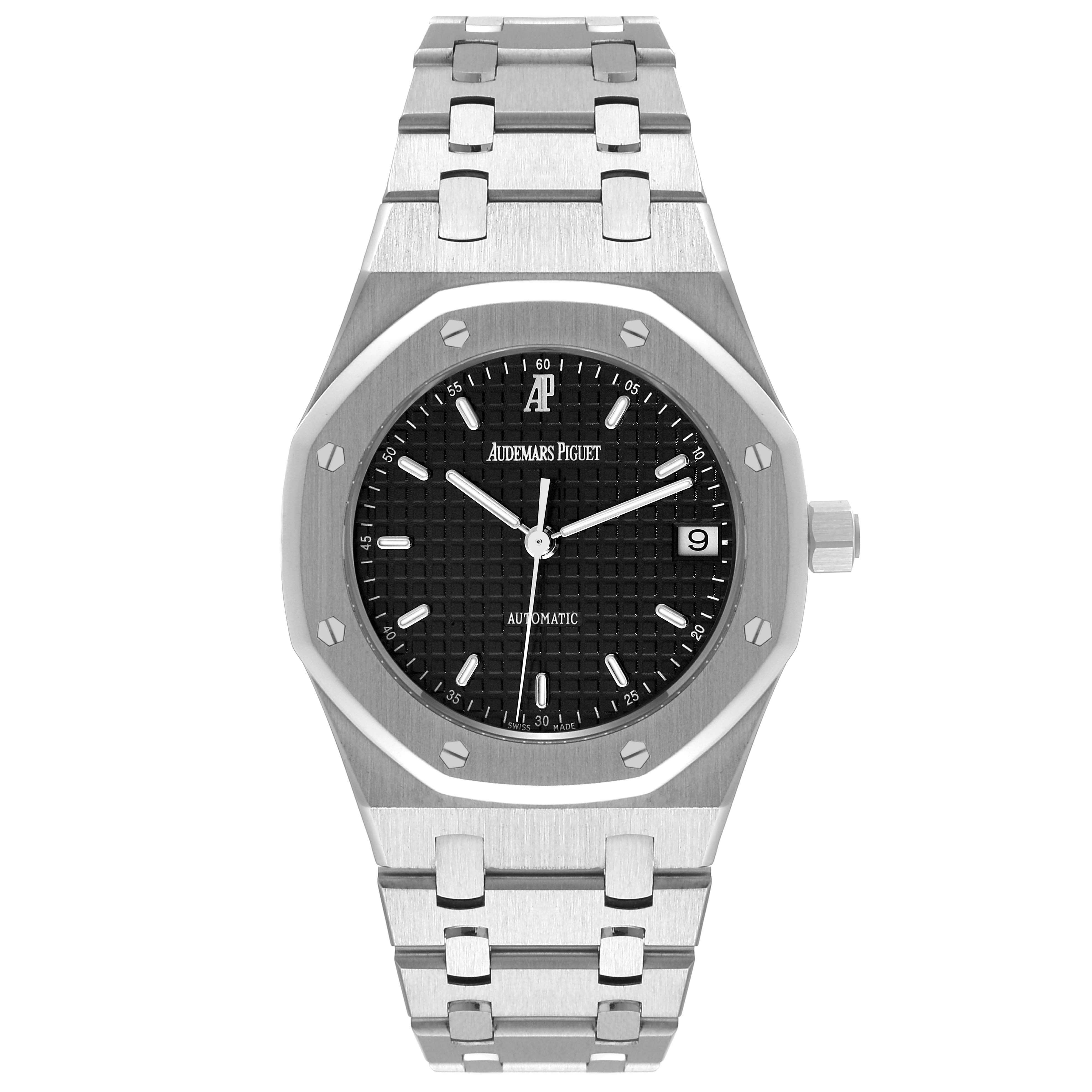 This is a front view of the Audemars Piguet Royal Oak 14790ST.OO.0789ST.09 Men's Stainless Steel Black Dial 14790ST.OO.0789ST.09 Men's Stainless Steel Black Dial watch, showing the dial, bracelet, and crown.