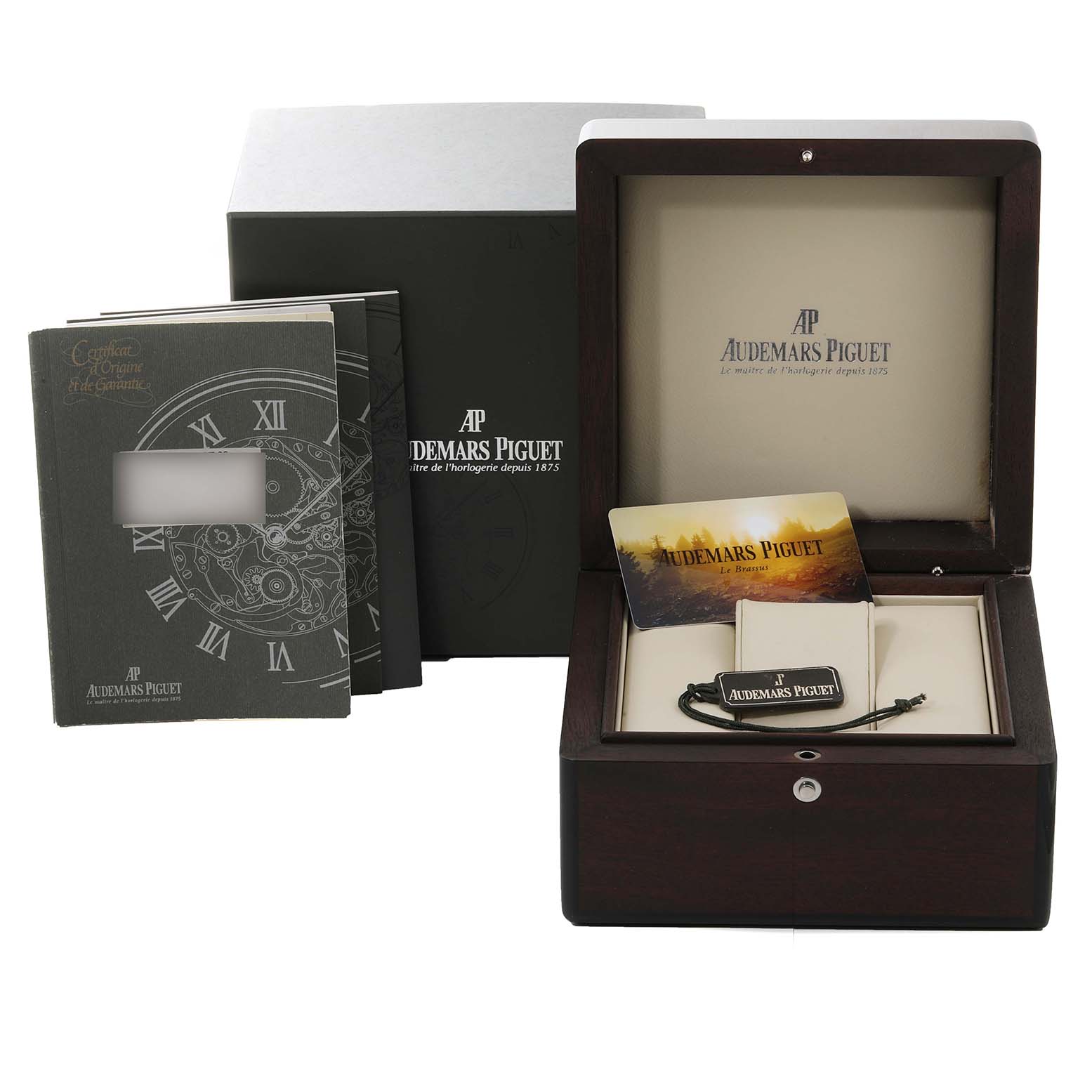 The image shows the packaging, warranty, tags, and manual for the Audemars Piguet Royal Oak 14790ST.OO.0789ST.09 Men's Stainless Steel Black Dial 14790ST.OO.0789ST.09 Men's Stainless Steel Black Dial watch.