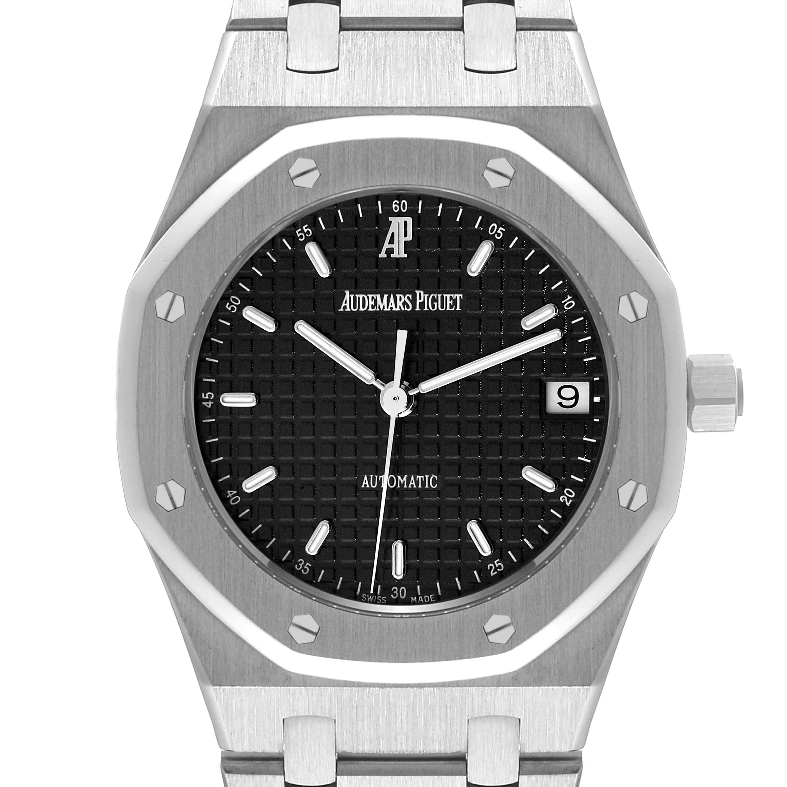 This image shows a frontal view of an Audemars Piguet Royal Oak 14790ST.OO.0789ST.09 Men's Stainless Steel Black Dial 14790ST.OO.0789ST.09 Men's Stainless Steel Black Dial watch, including the dial, bezel, crown, and part of the bracelet.