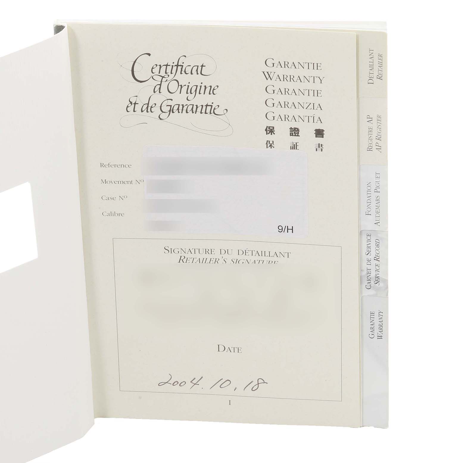 The image shows an open warranty booklet for a Royal Oak model by Audemars Piguet, displaying the certificate of origin and guarantee.