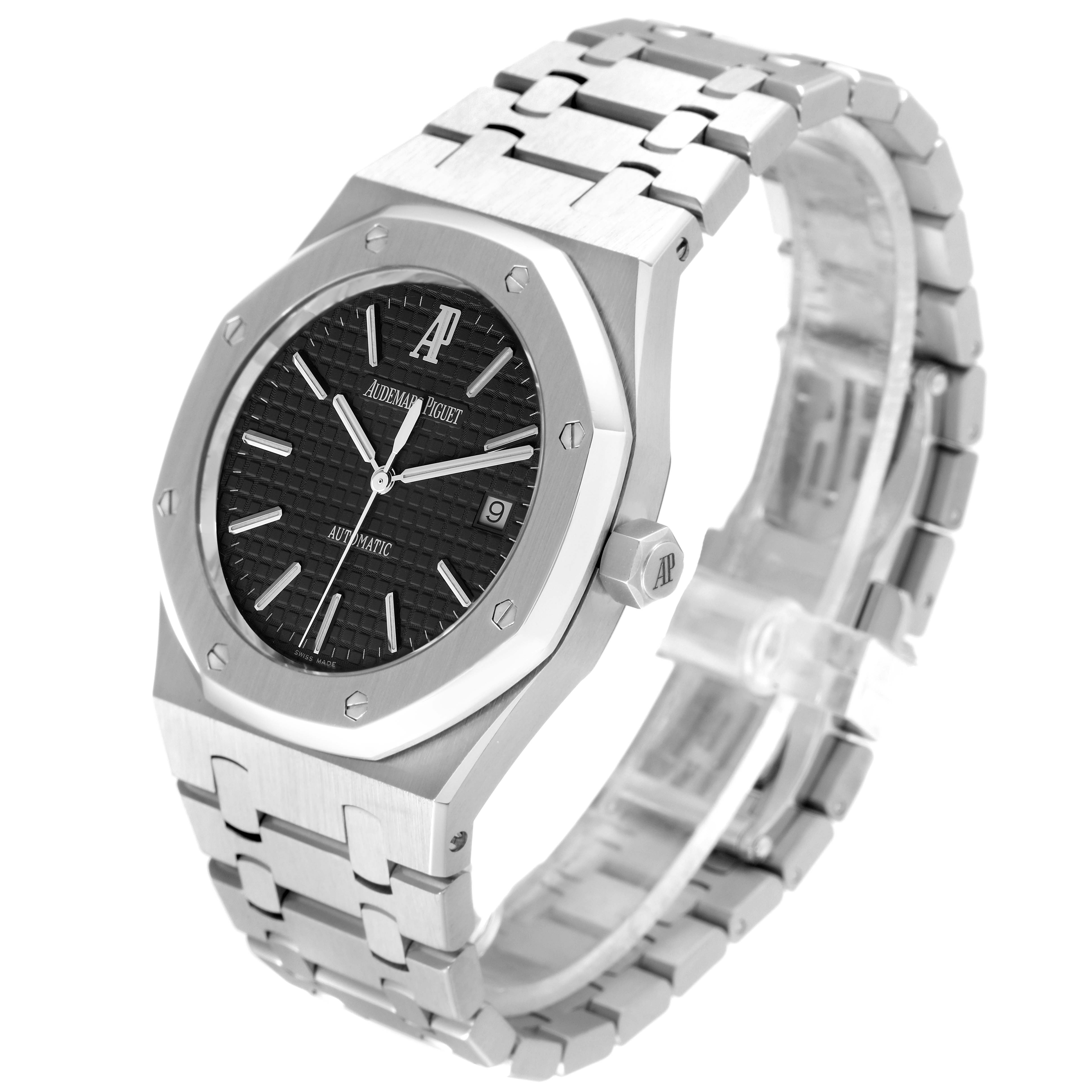 The image shows the Audemars Piguet Royal Oak 15300ST.OO.1220ST.03 Men's Stainless Steel Black Dial 15300ST.OO.1220ST.03 Men's Stainless Steel Black Dial watch from an oblique angle, highlighting its face, bracelet, and crown.